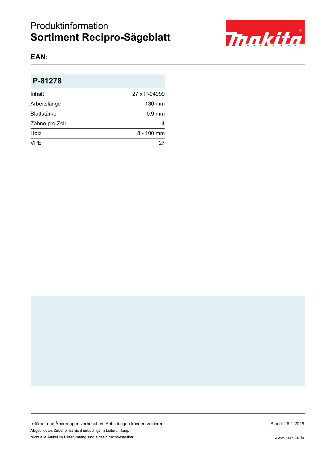 Makita P-81278 Technical data