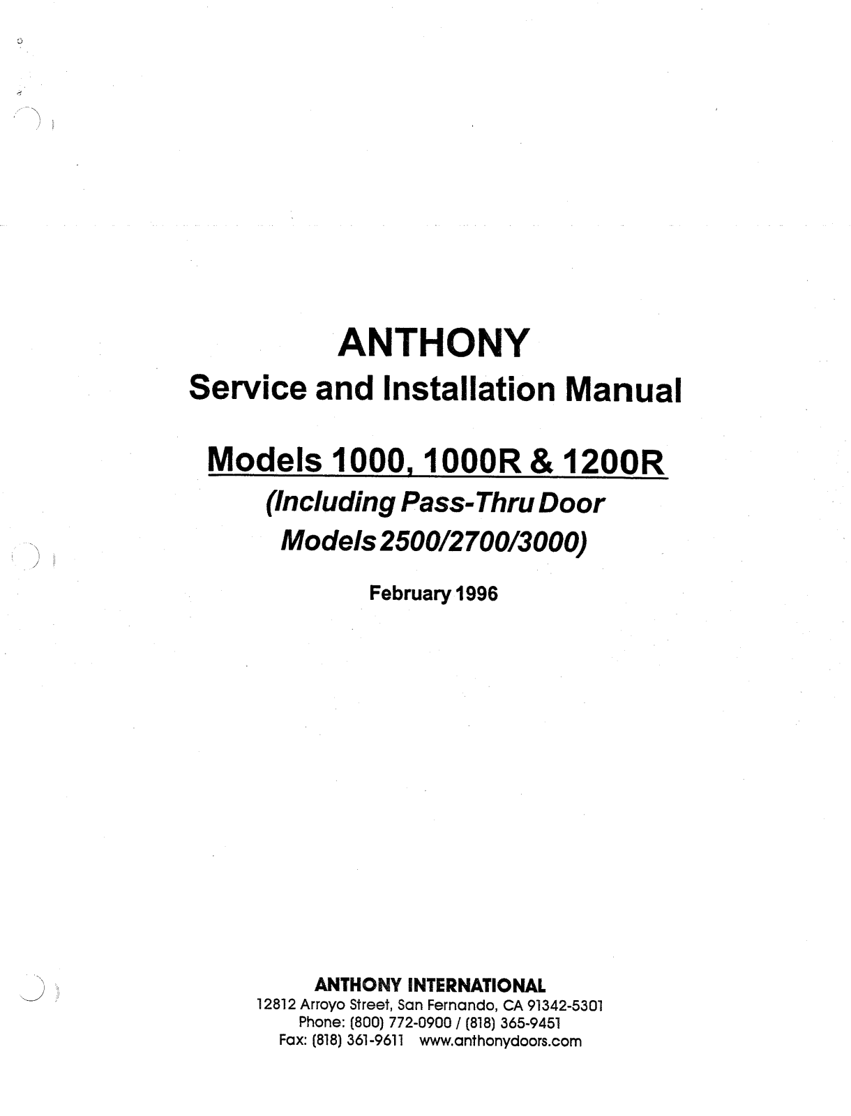 Anthony 2700 Service Manual