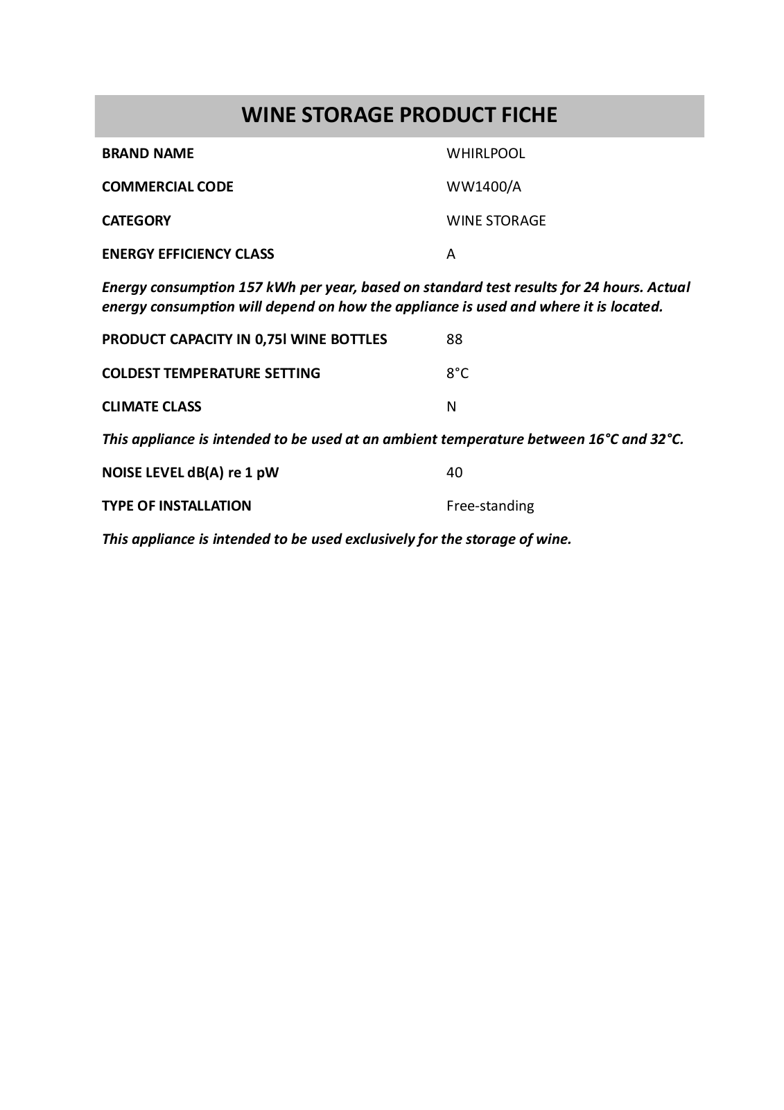 Whirlpool WW1400/A Product datasheet