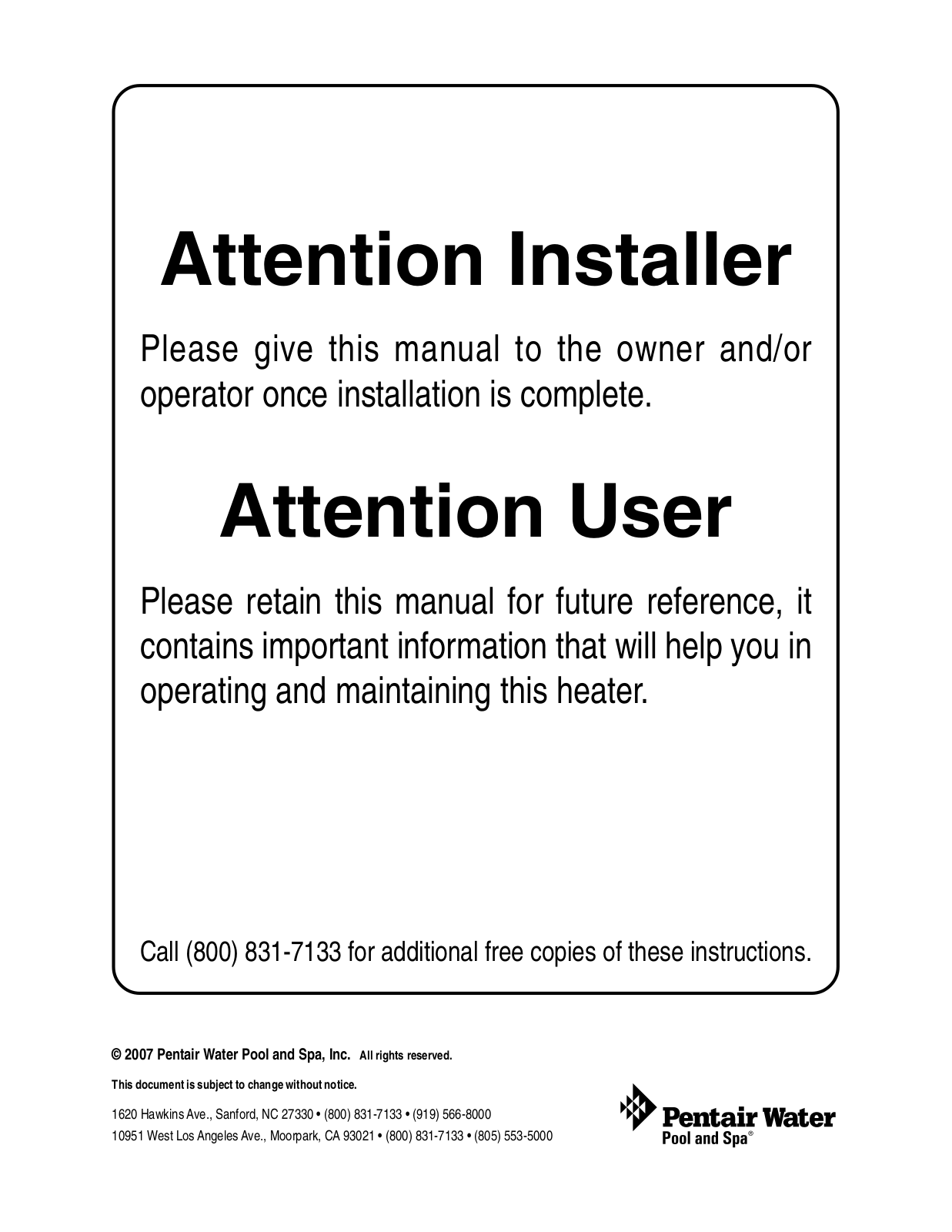 Pentair Hot Tub User Manual