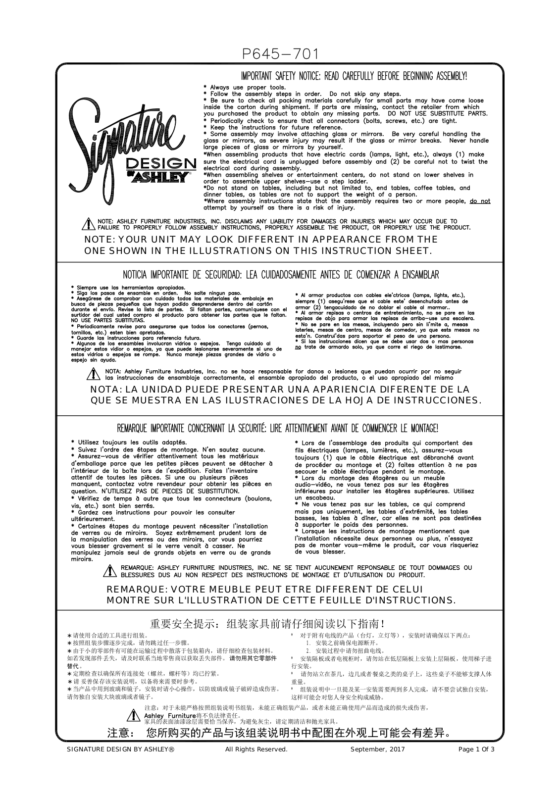 Ashley P645701 Assembly Guide - ManualMachine.com