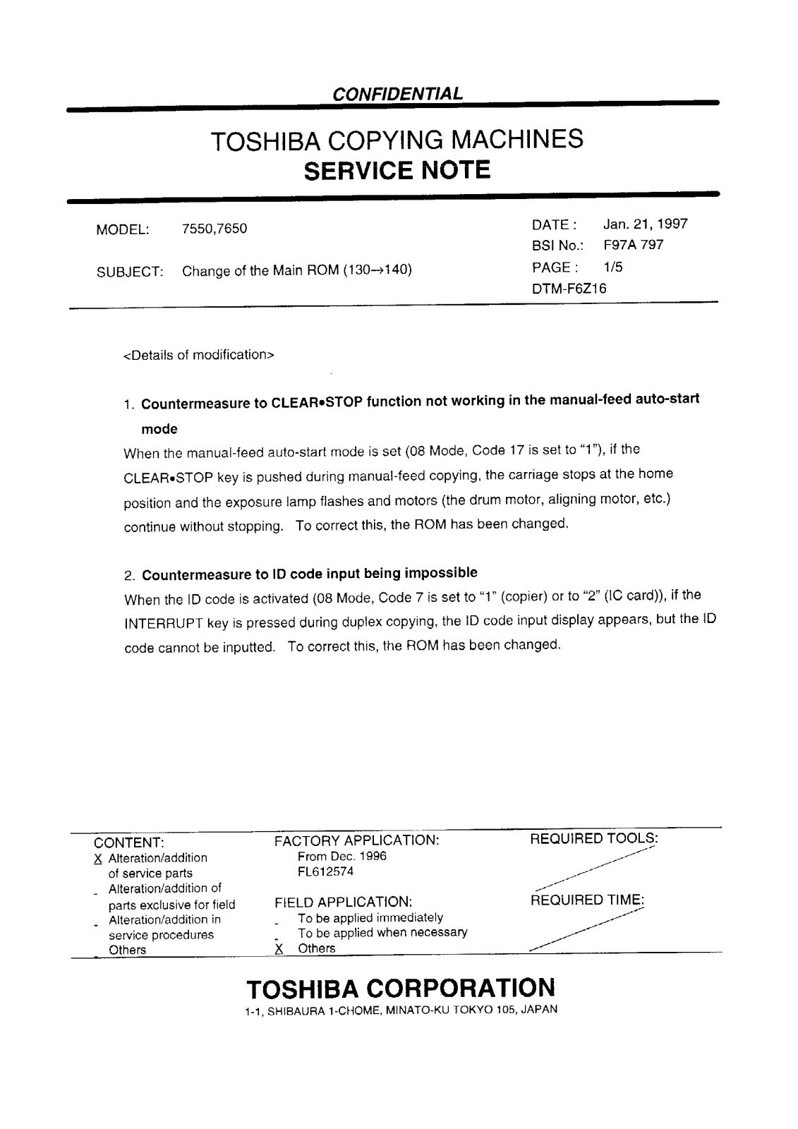 Toshiba f97a797 Service Note