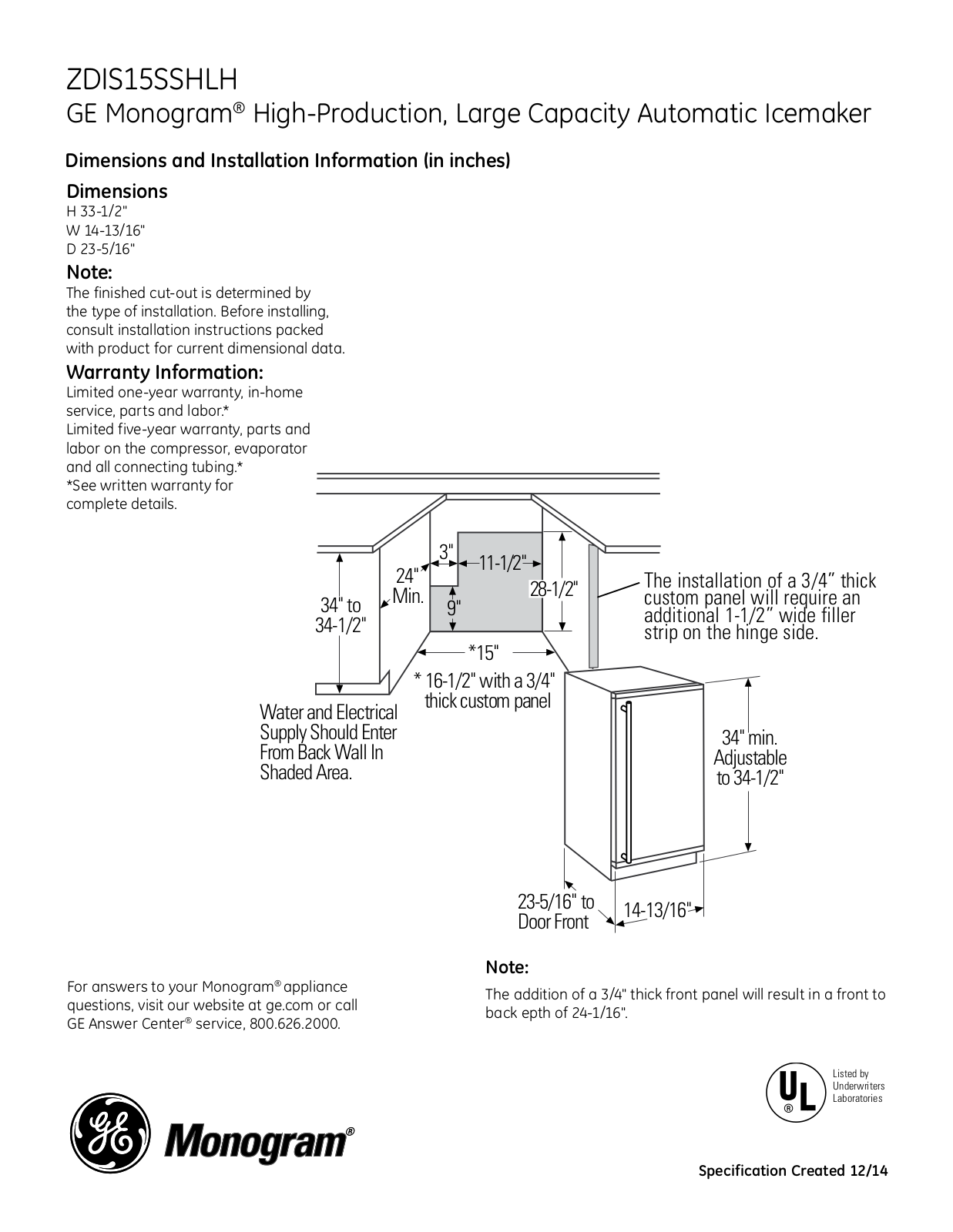 Monogram ZDIS15SSHLH Specification Sheet