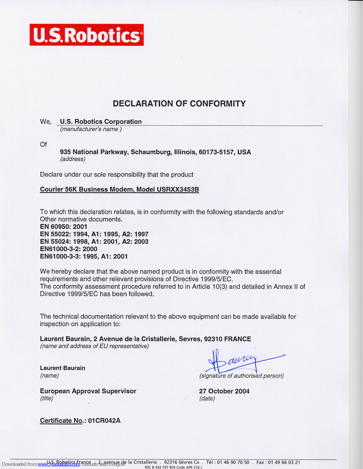 US Robotics USR3453B, Courier USRXX3453B Declaration Of Conformity