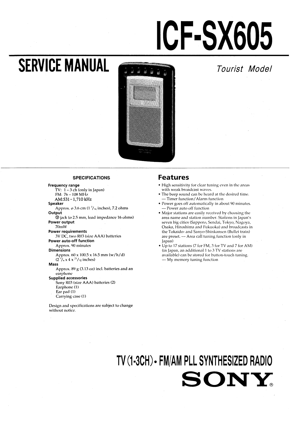 Sony ICFSX-605 Service manual