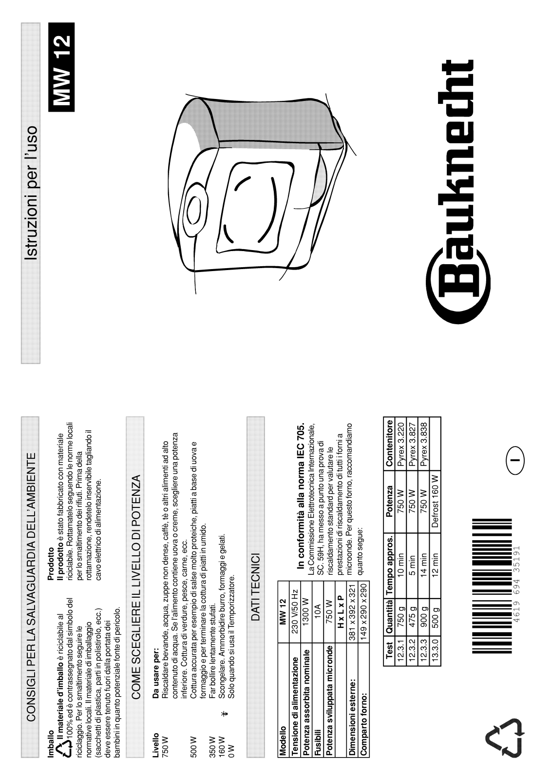 Whirlpool MW 12/WEISS INSTRUCTION FOR USE