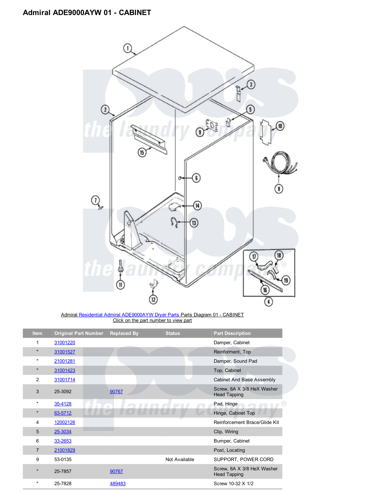 Admiral ADE9000AYW Parts Diagram