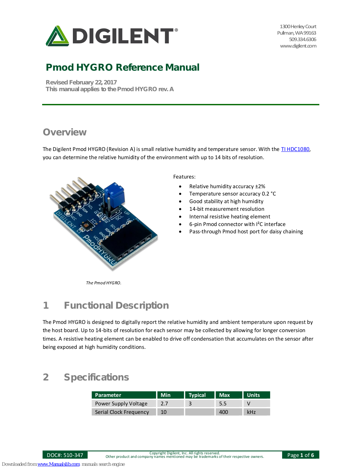 Digilent Pmod HYGRO Reference Manual