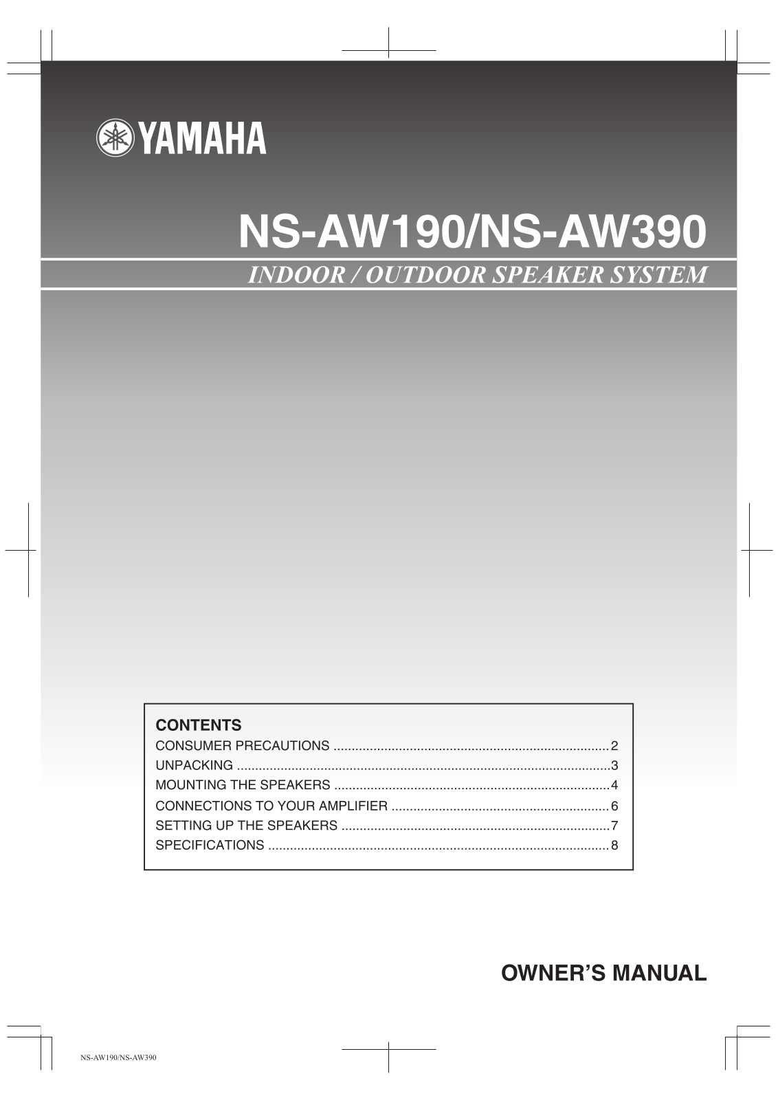 Yamaha NS-AW190W, NS-AW390W, AW190 - NS Speaker - 35 Watt, NS-AW190BL, NS-AW190WH Owner's Manual