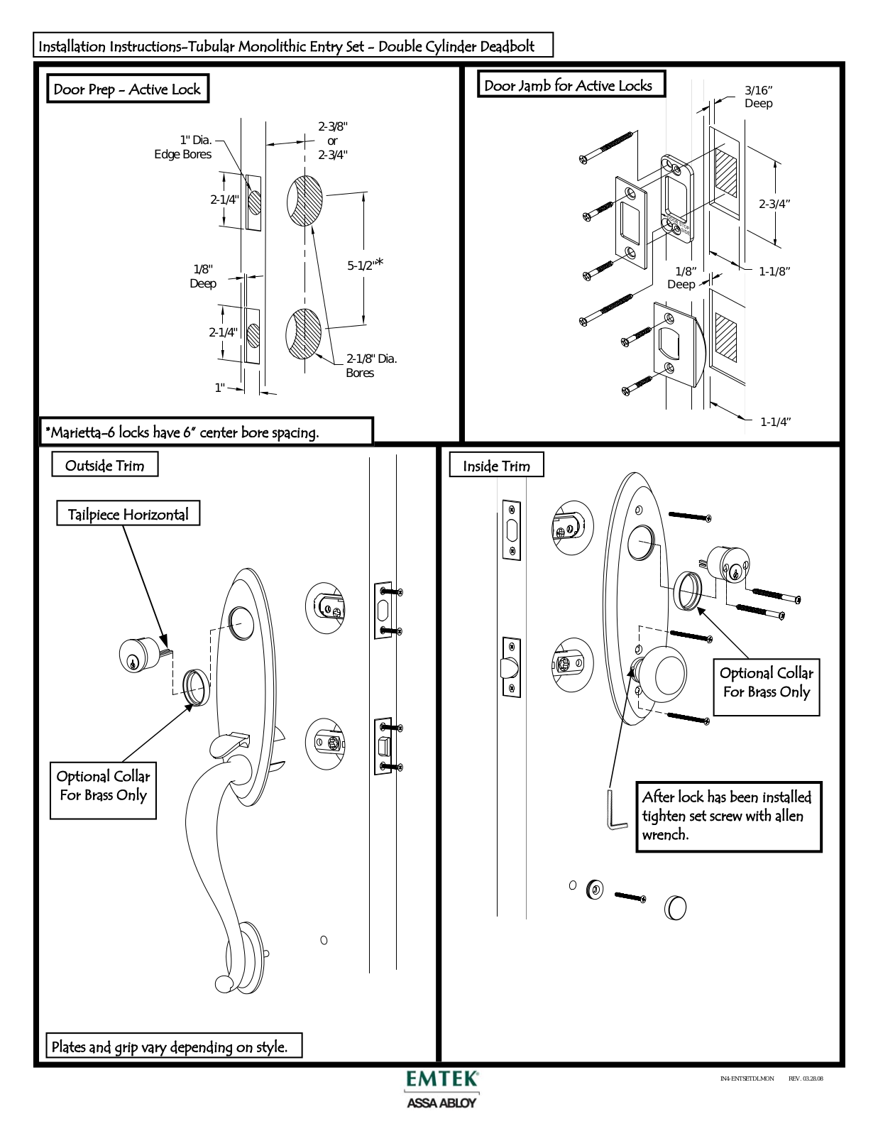 Emtek Monolithicl Double Cylinder Entry User Manual