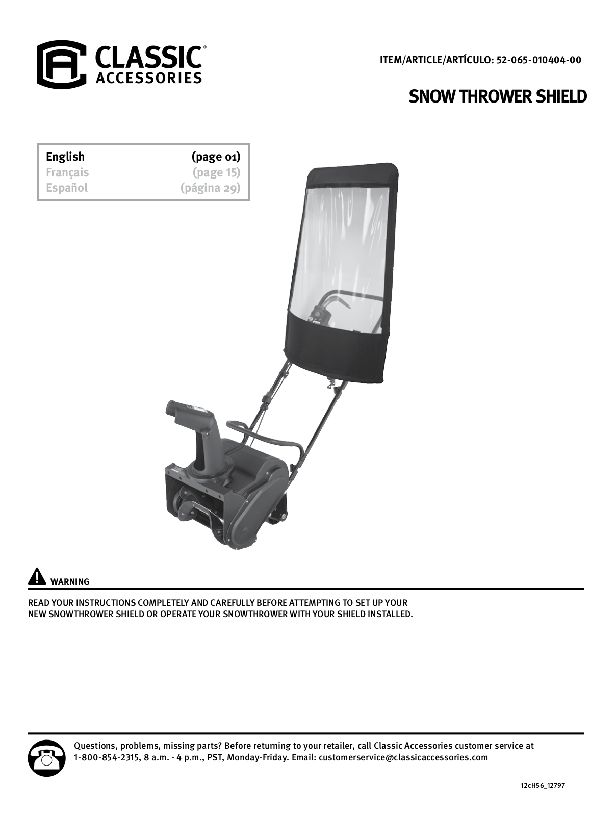 Craftsman Classic Accessories Snow Thrower Shield Owner's Manual