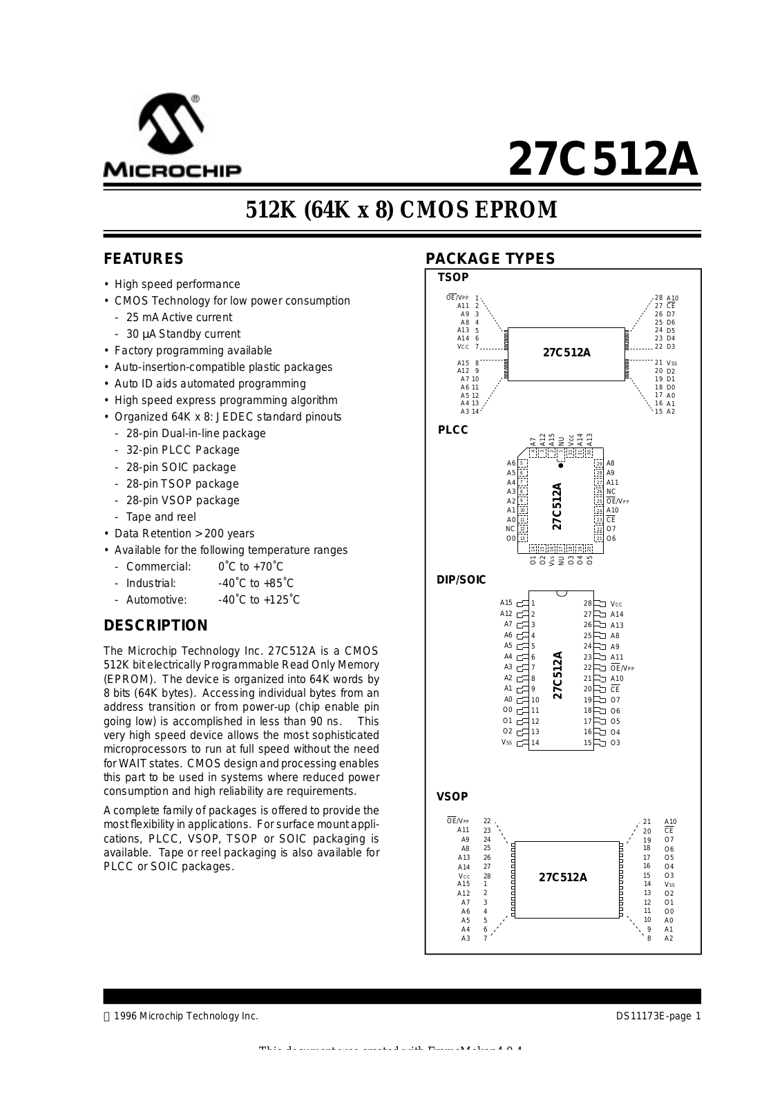 Microchip Technology Inc 27C512A-15E-P, 27C512A-15E-L, 27C512A-15-VS, 27C512A-15-TS, 27C512A-15-SO Datasheet