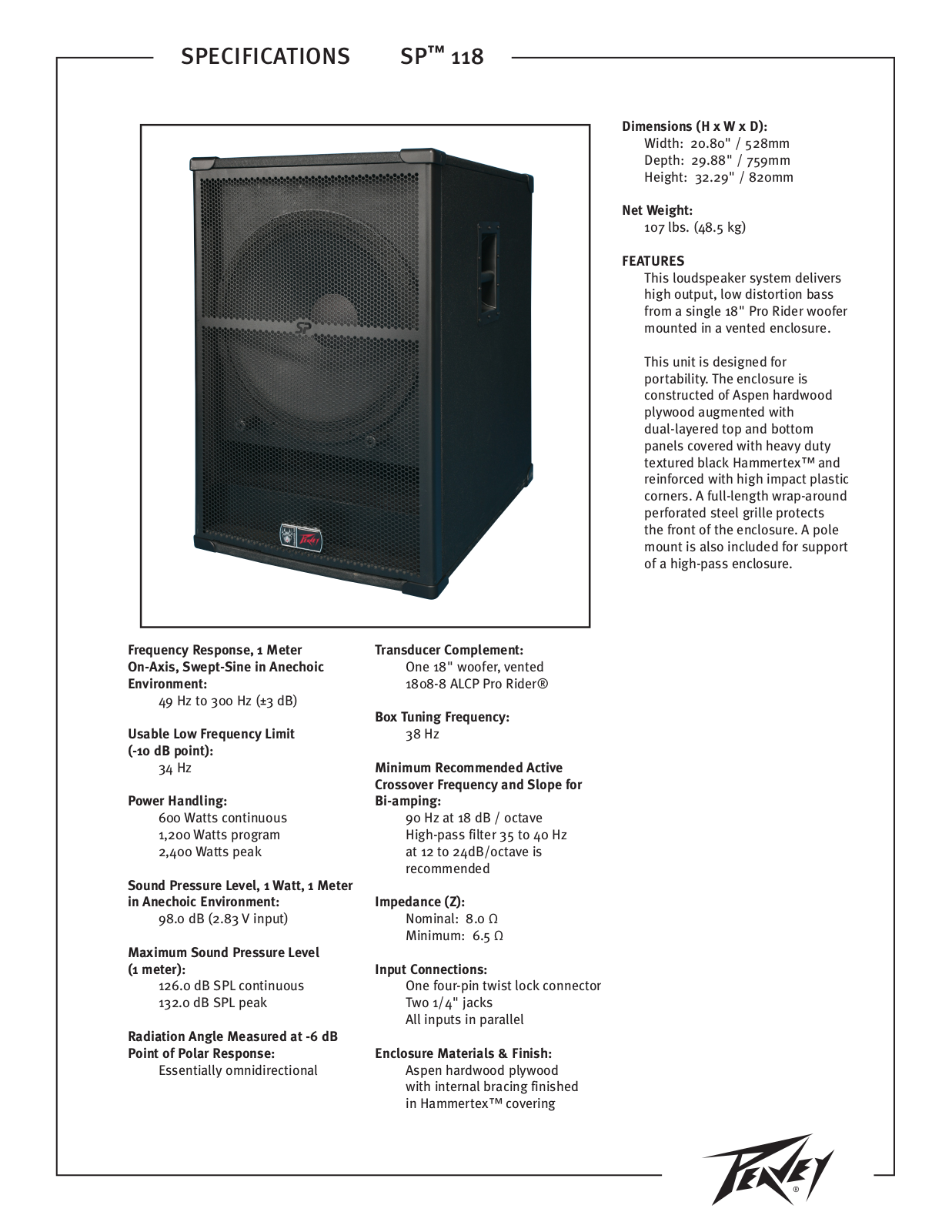 Peavey SP 118 User Manual