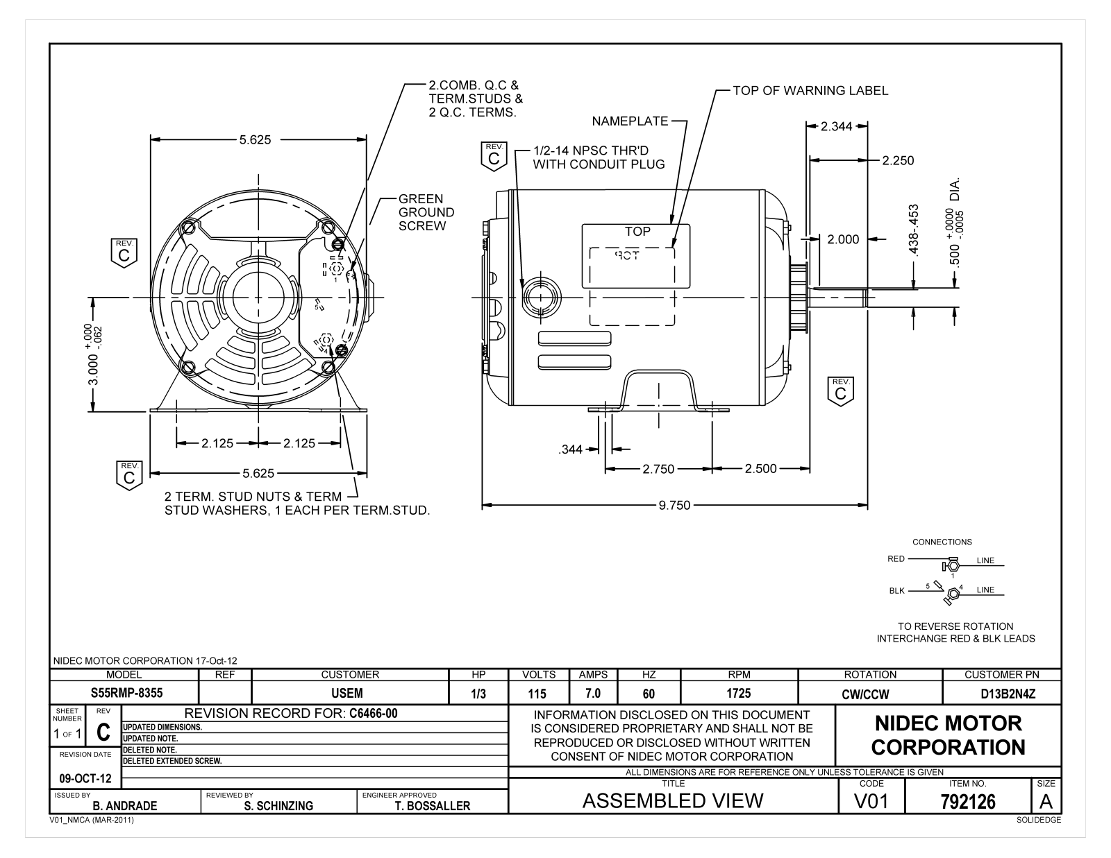 US Motors D13B2N4Z Dimensional Sheet