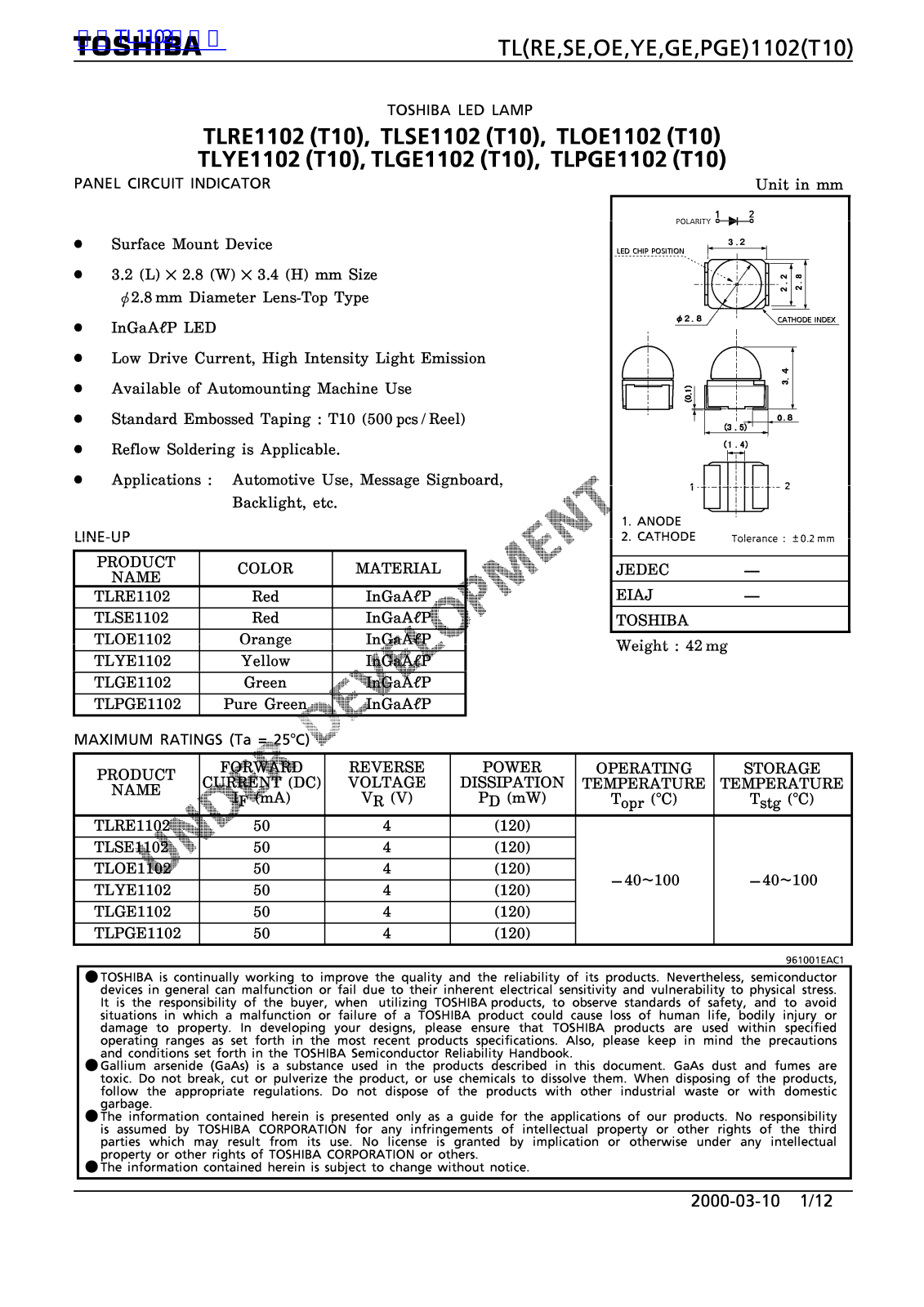 TOSHIBA TLRE1102, TLSE1102, TLOE1102, TLYE1102, TLGE1102 Technical data