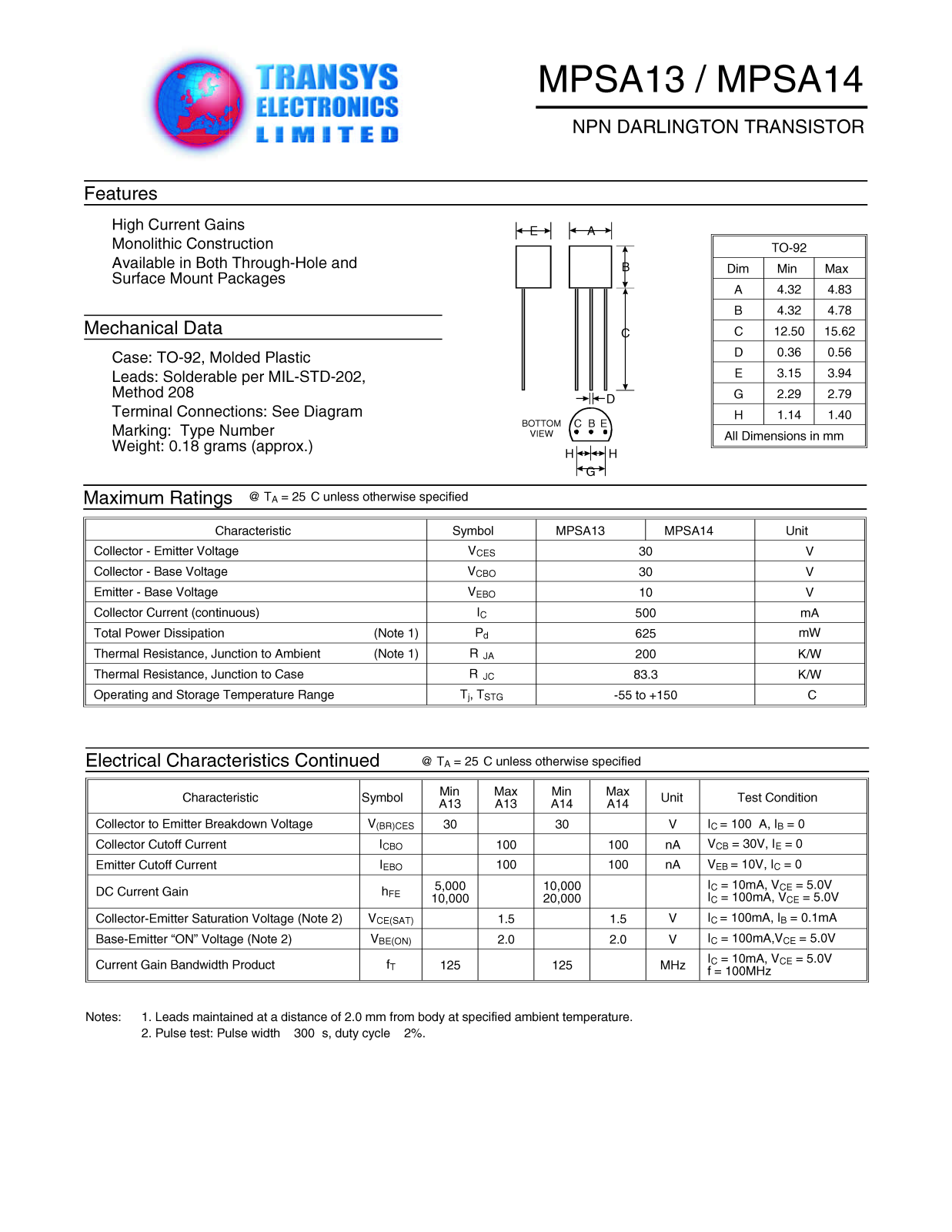 TEL MPSA14, MPSA13 Datasheet