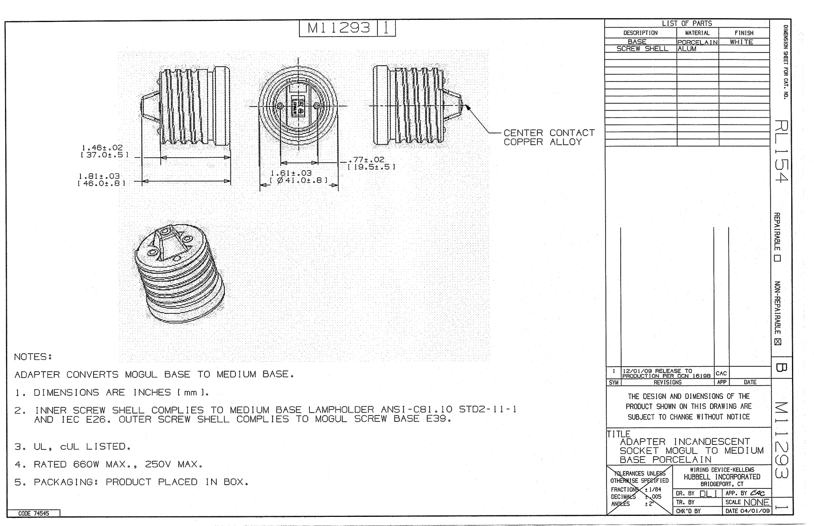 Hubbell RL154 Reference Drawing