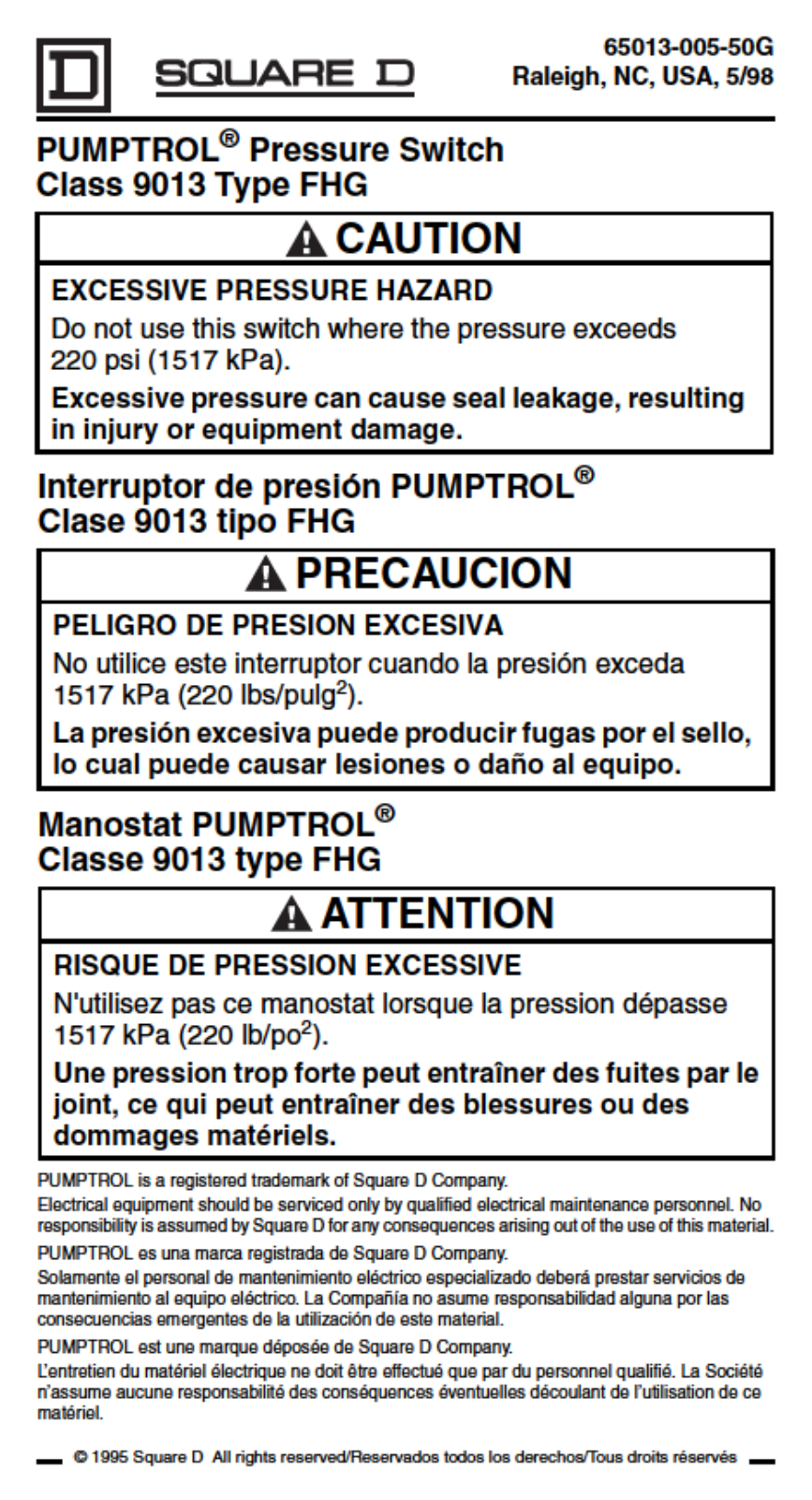 Square D 9013 Instruction Sheet