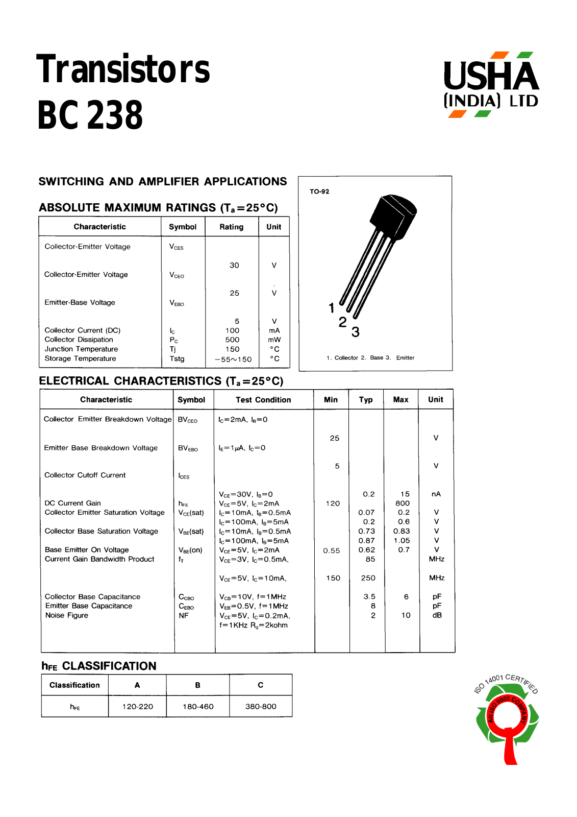 USHA BC238 Datasheet