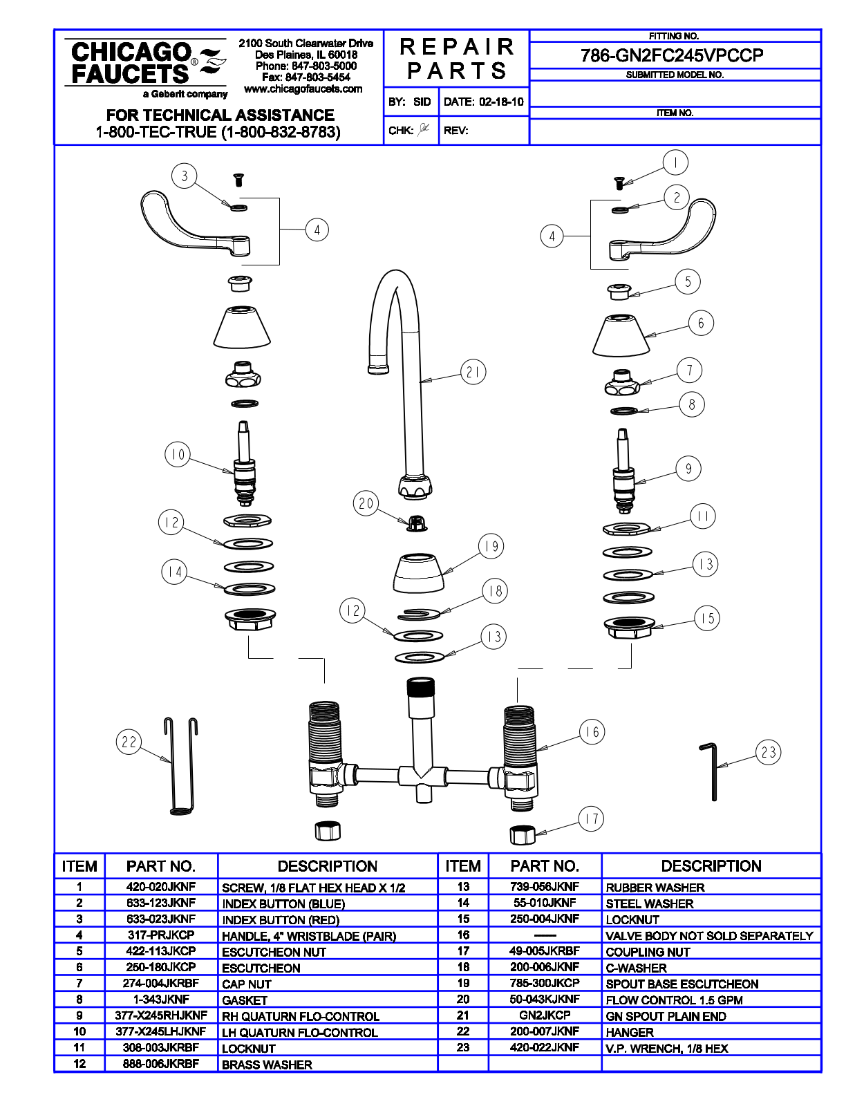 Chicago Faucet 786-GN2FC245VPCCP Parts List