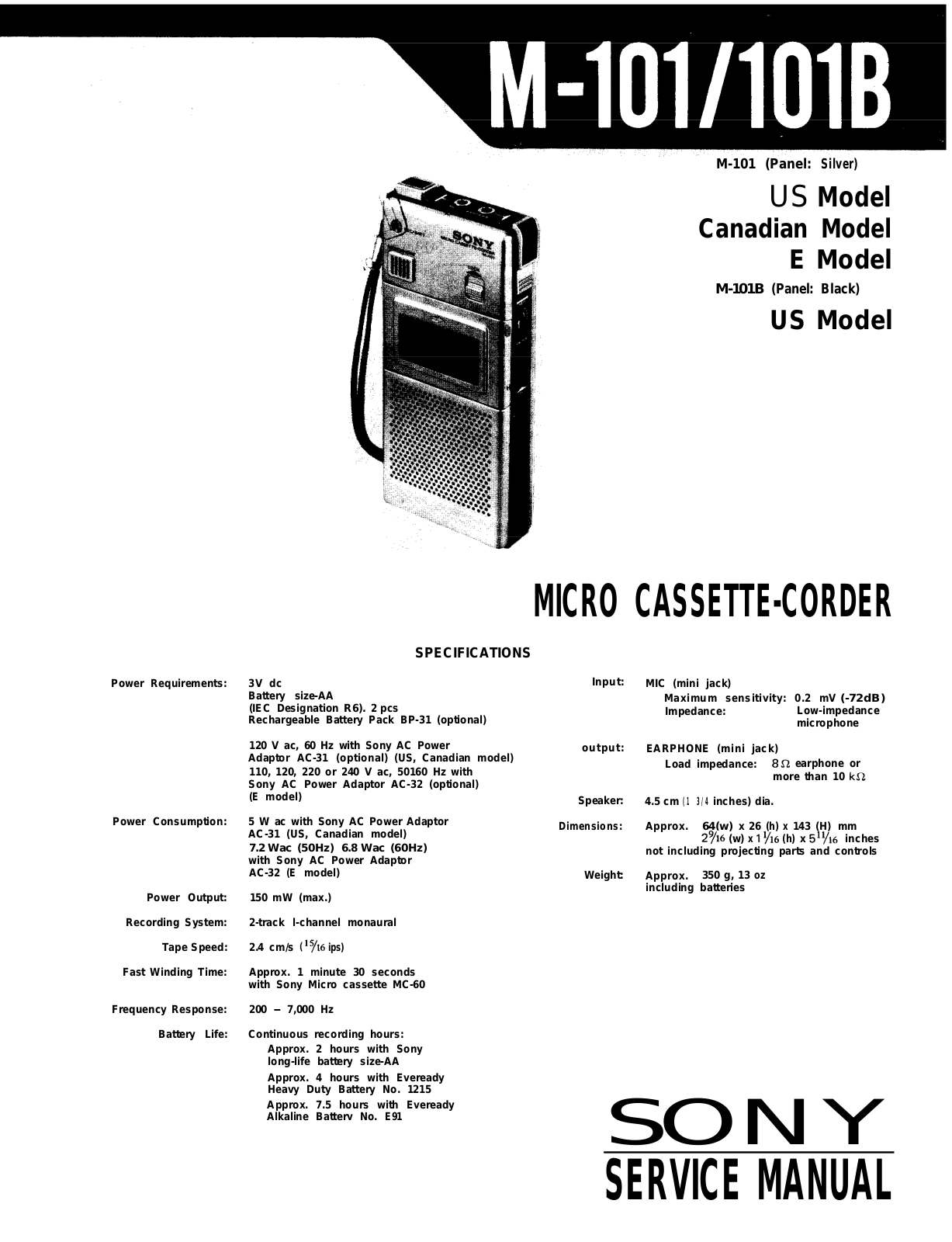 Sony M-101, M-101-B Service manual