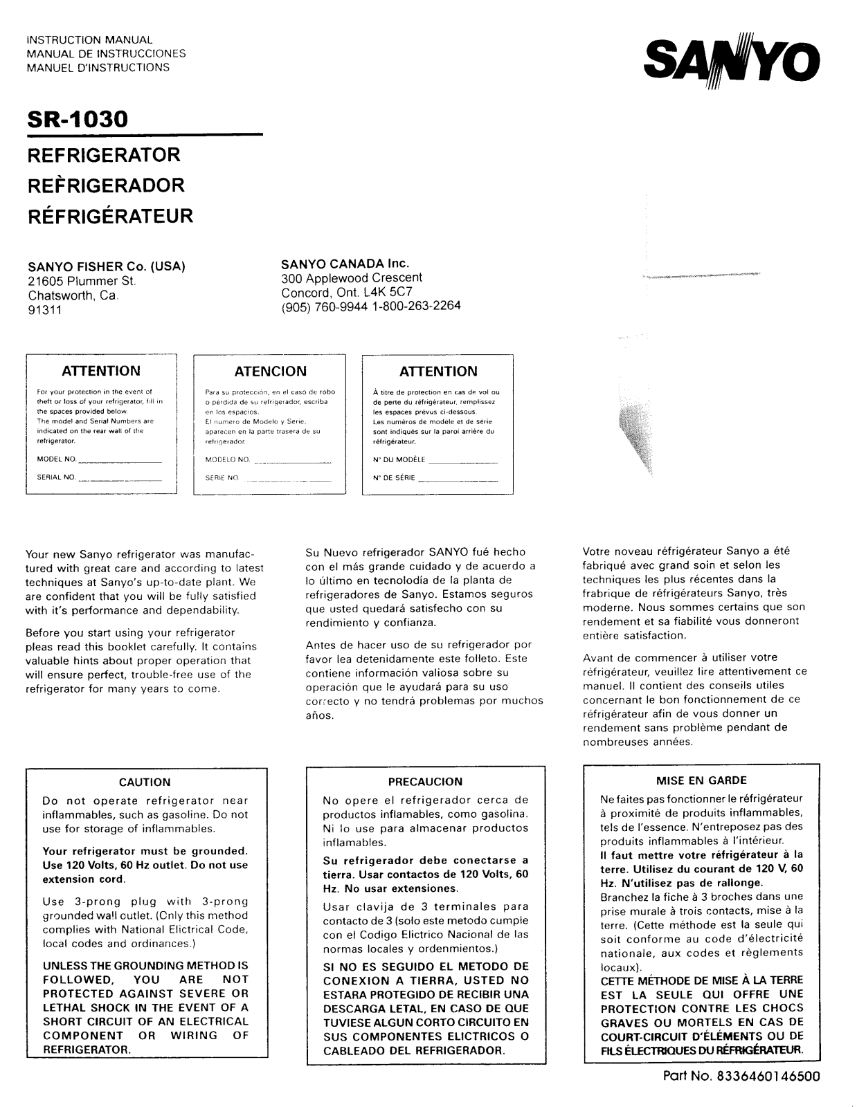 Sanyo SR1030 User Manual