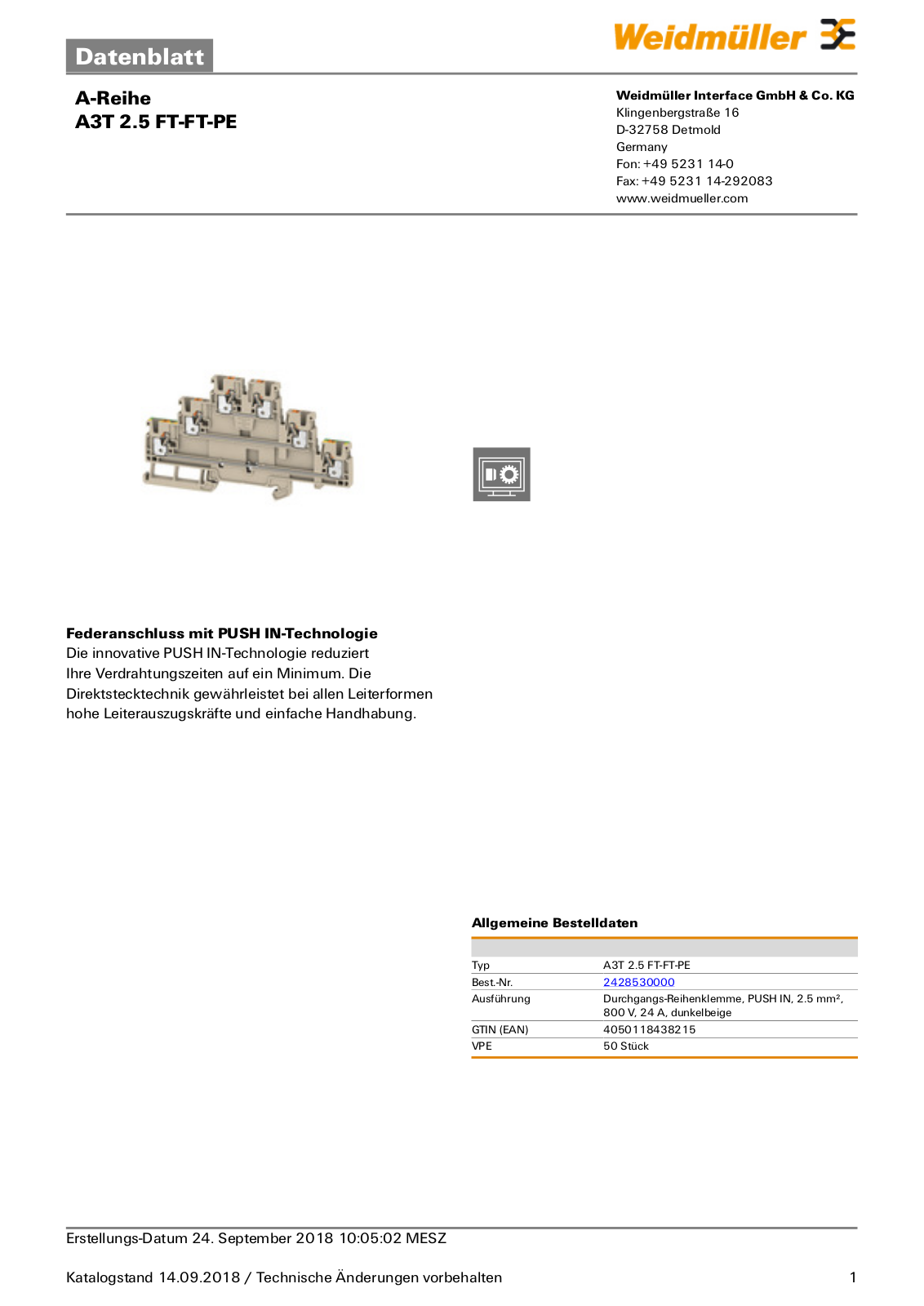 WEIDMÜLLER A3T 2.5 FT-FT-PE Datasheet