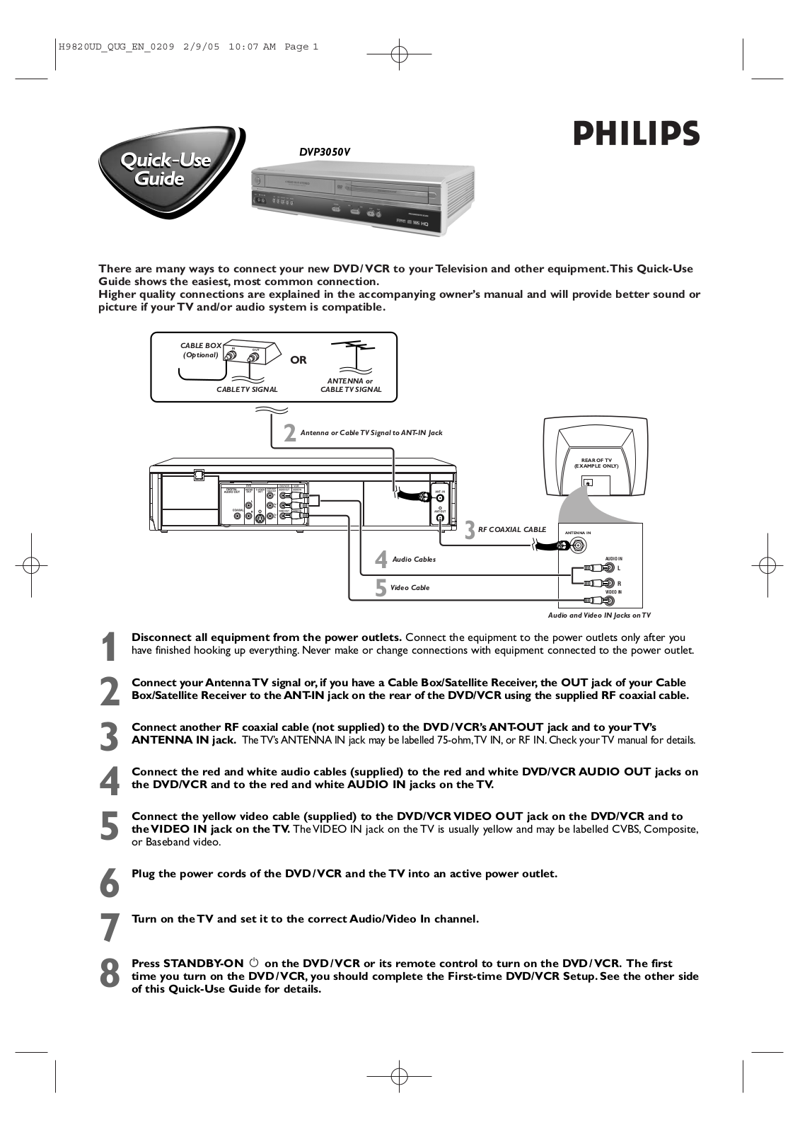 Philips DVP3050V-37B Quick start guide