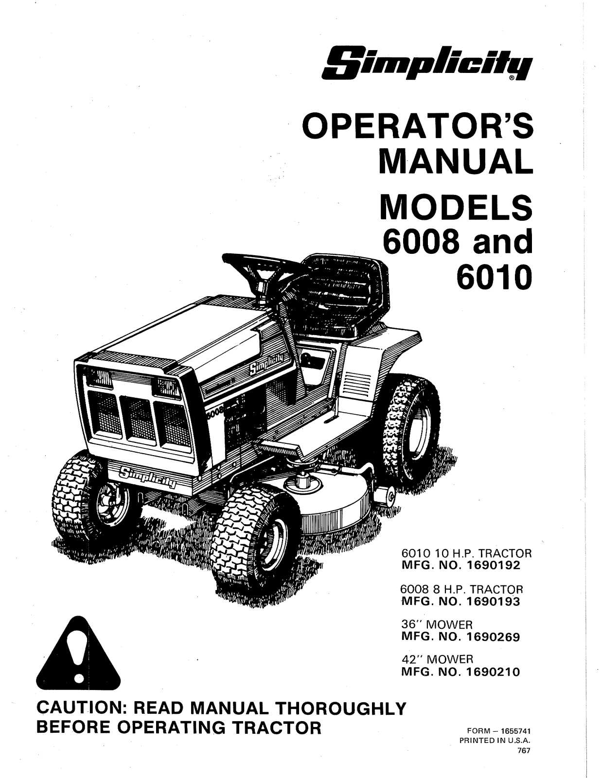 Simplicity 6008, 6010 Operator's Manual