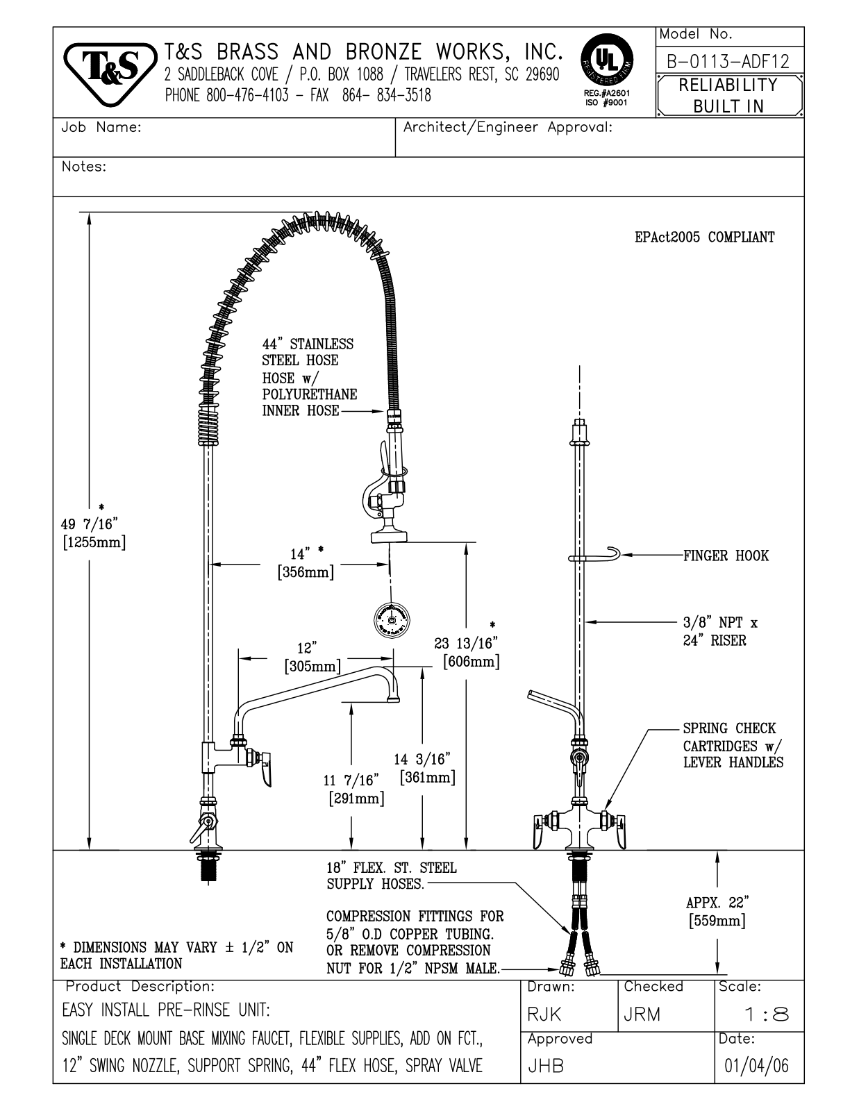 T&S Brass B-0113-ADF12 User Manual