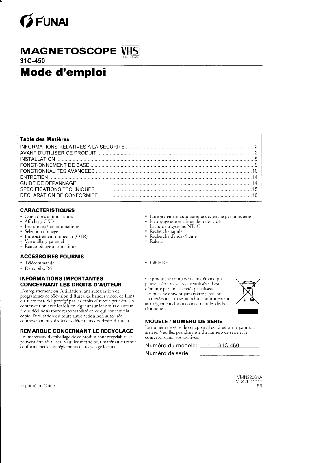 FUNAI 31C-450 User Manual