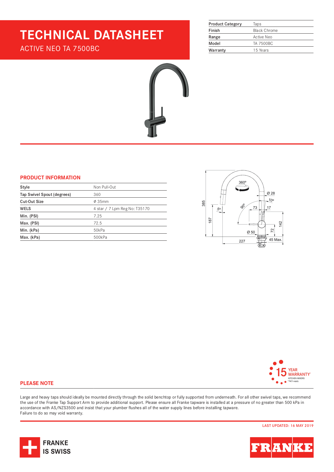 Franke TA7500BC Specifications Sheet - ManualMachine.com
