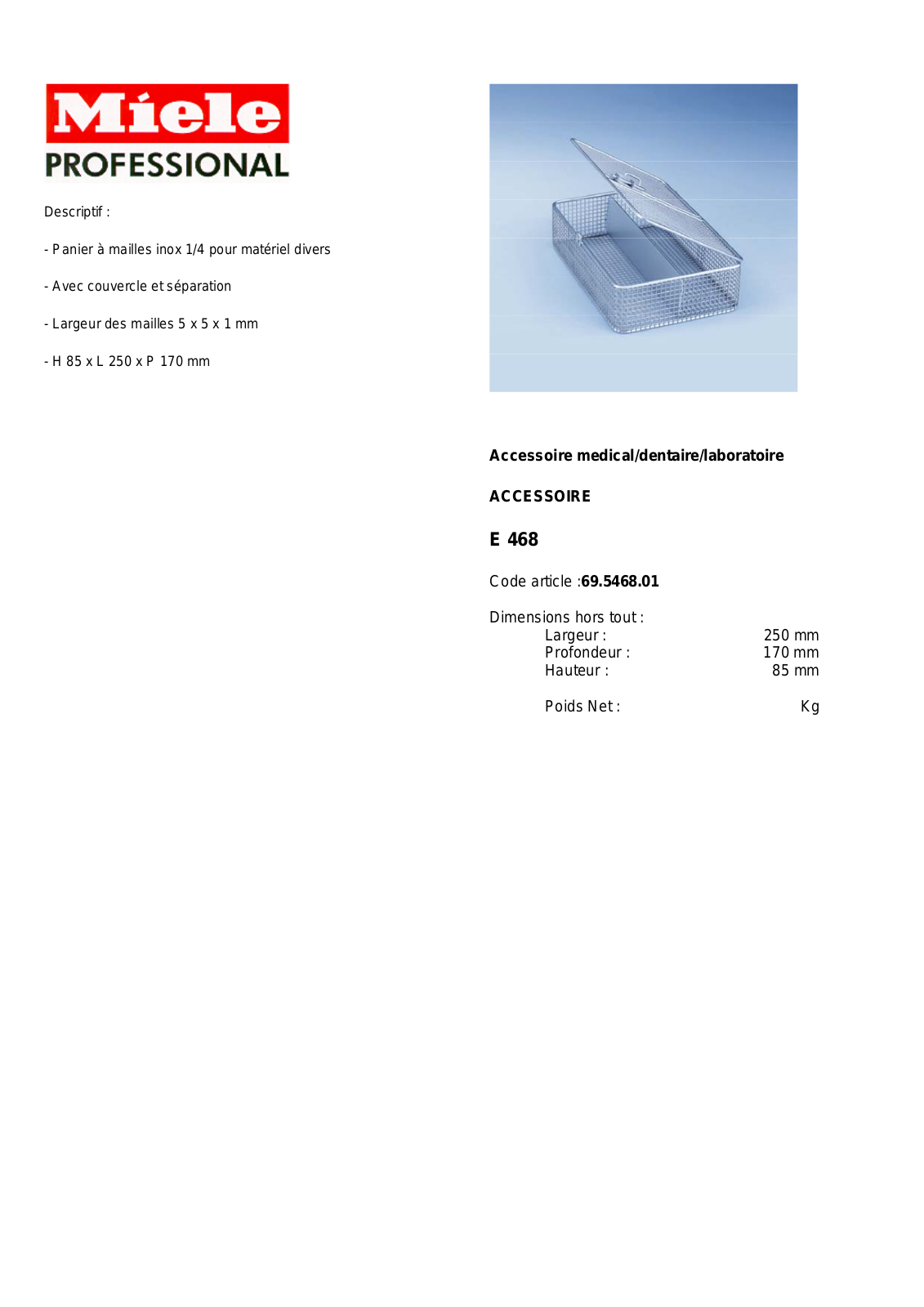 MIELE E 468 DESCRIPTIF User Manual