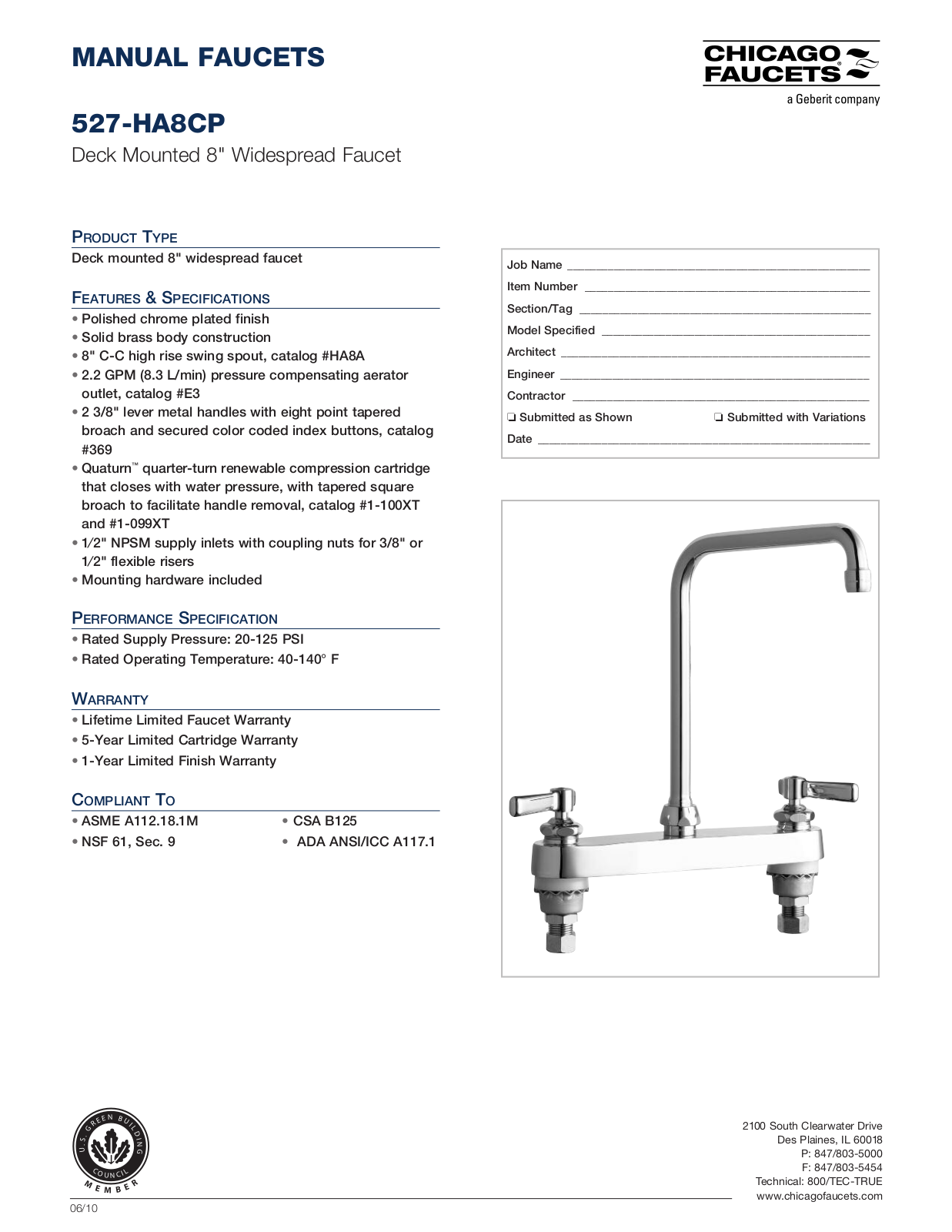 Chicago Faucet 527-HA8CP Specifications