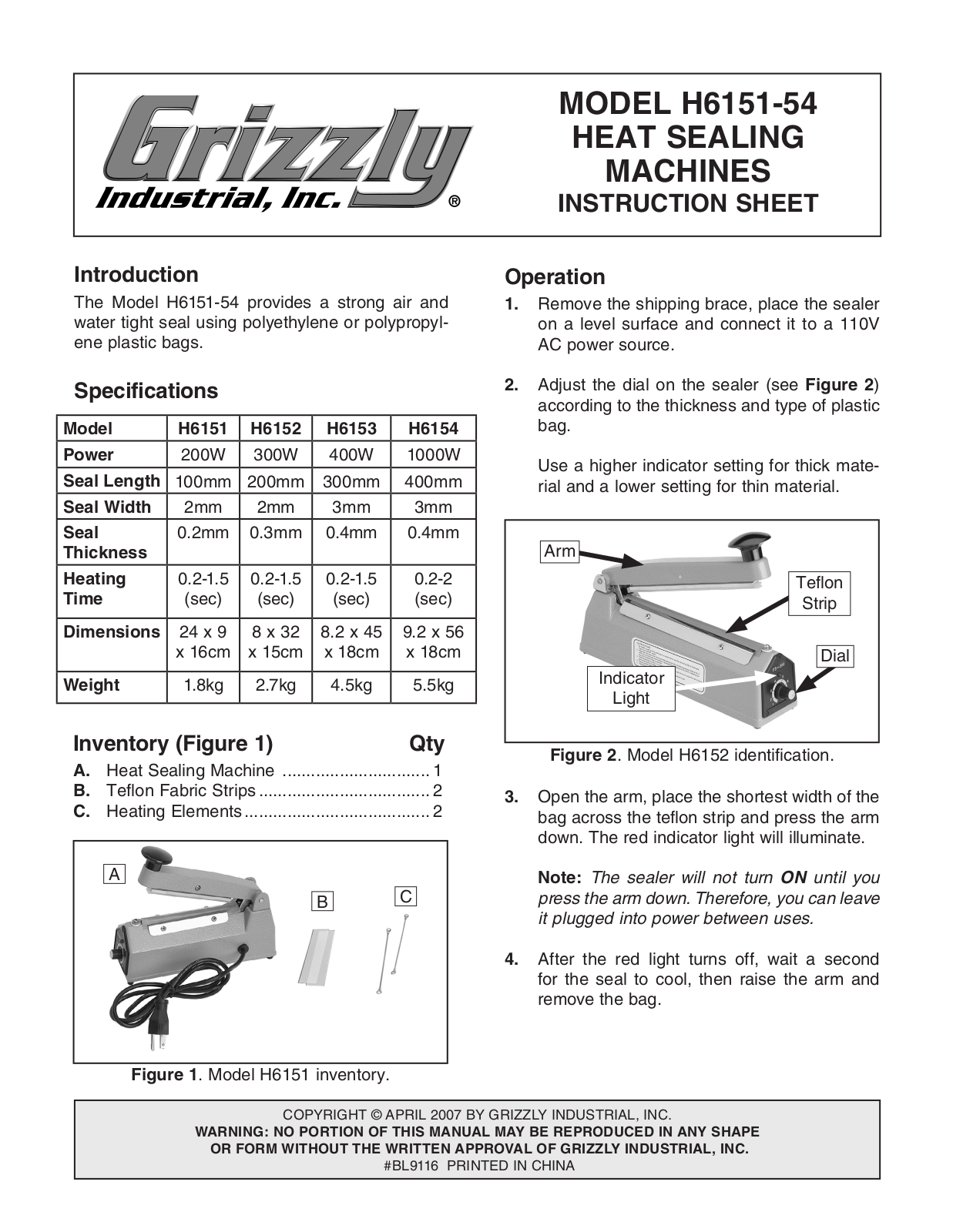 Grizzly H6151, H6154 User Manual