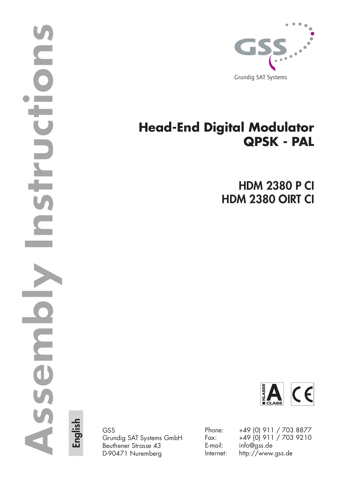 GSS HDM 2380 P CI, HDM 2380 OIRT CI Assembly Instructions Manual