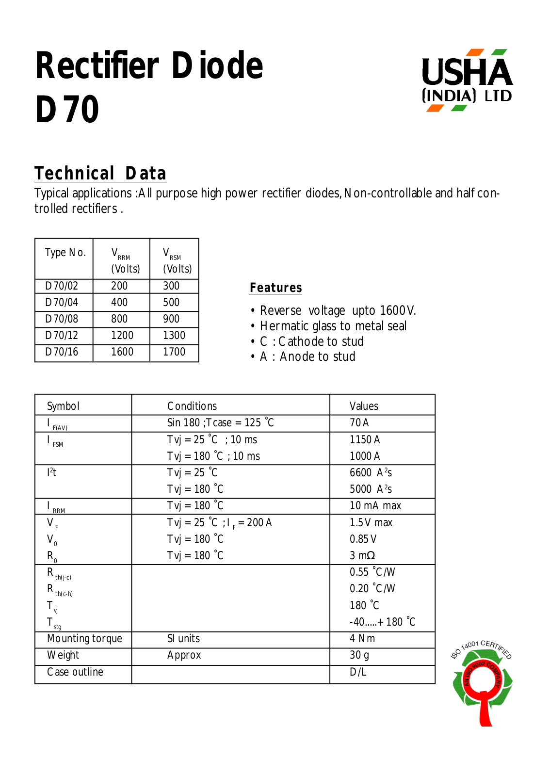 USHA D70-04, D70-02, D70-16, D70-12, D70-08 Datasheet