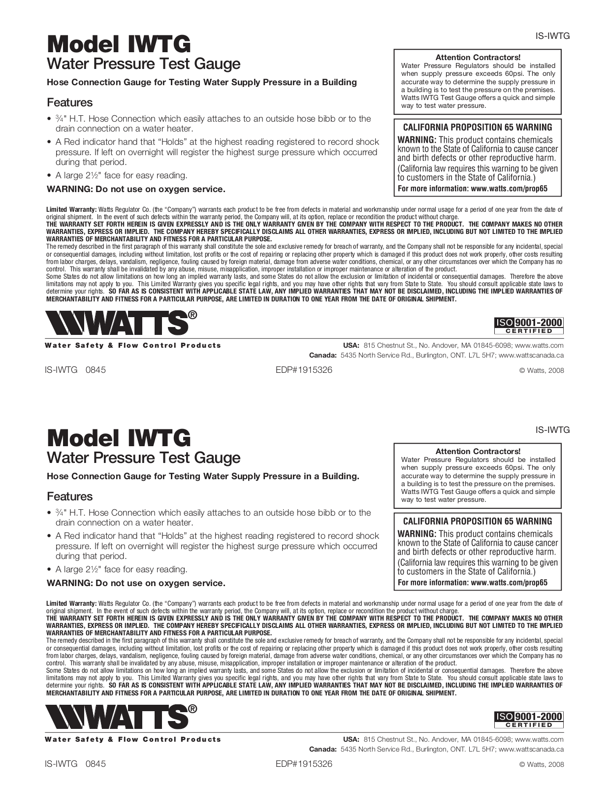 Watts IWTG User Manual