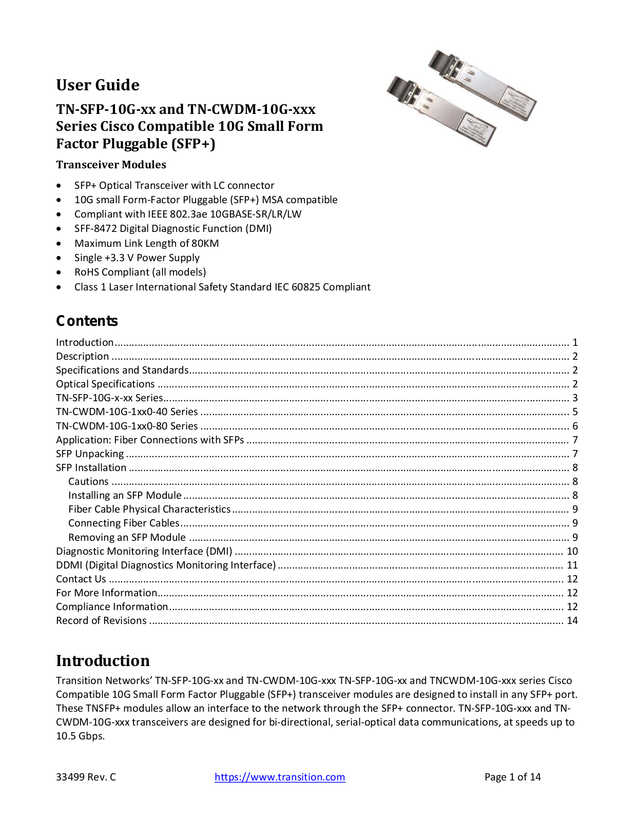 Transition Networks TN-SFP-10G-D-20, TN-SFP-10G-D-40, TN-SFP-10G-D-80, TN-SFP-10G-D-60, TN-SFP-10G-LRM User Manual