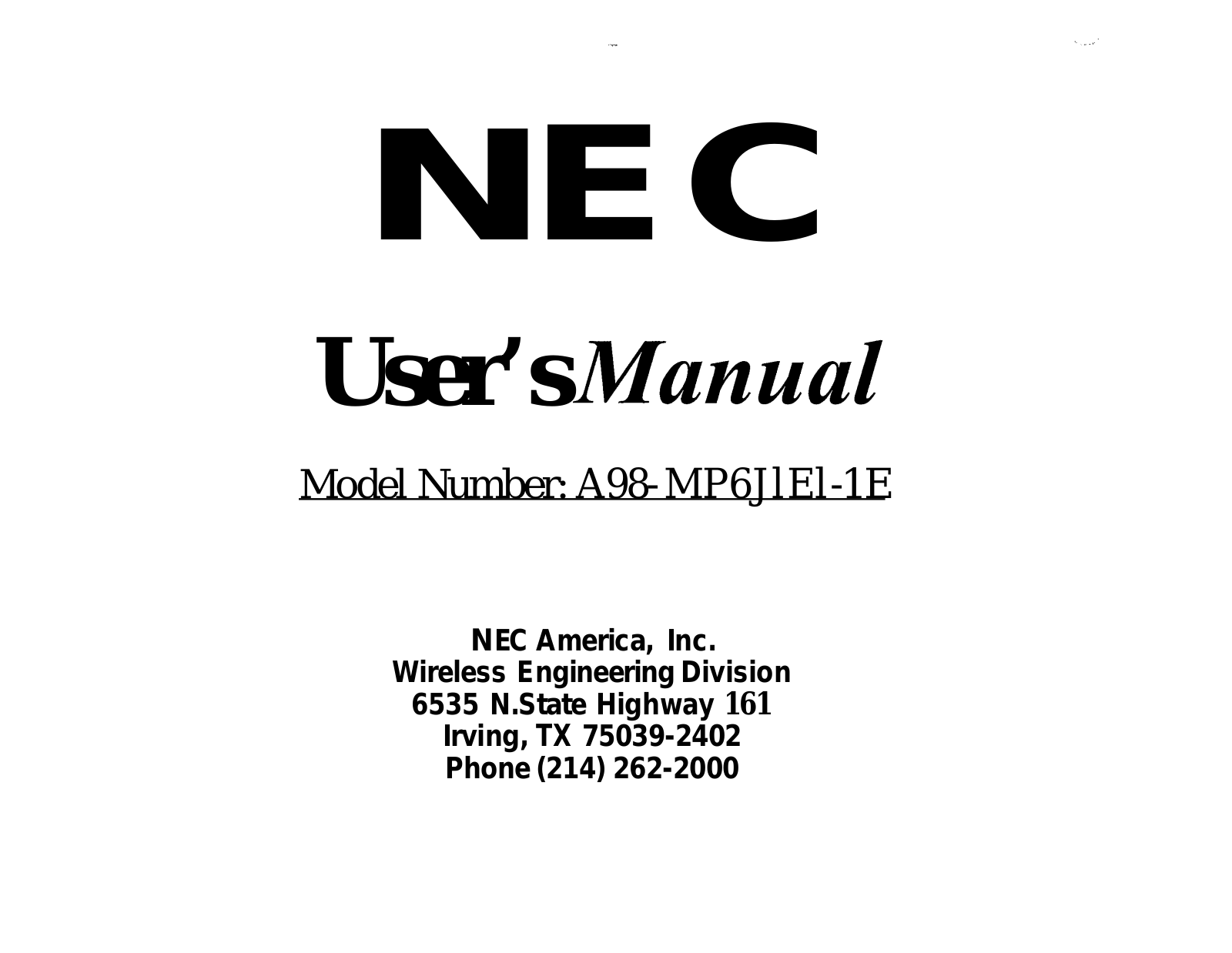 NEC of America MP6J1E1-1E Users manual