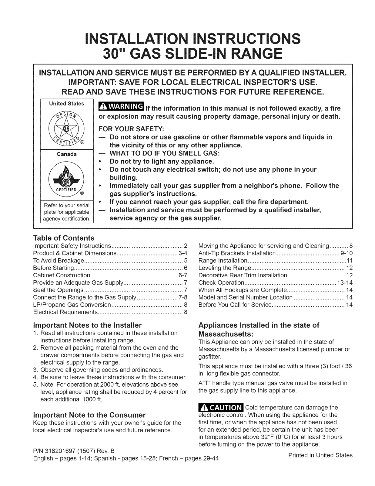 Frigidaire FFGS3025PBA, FFGS3025PBB, FFGS3025PBC, FFGS3025PBE, FFGS3025PBF Installation Guide