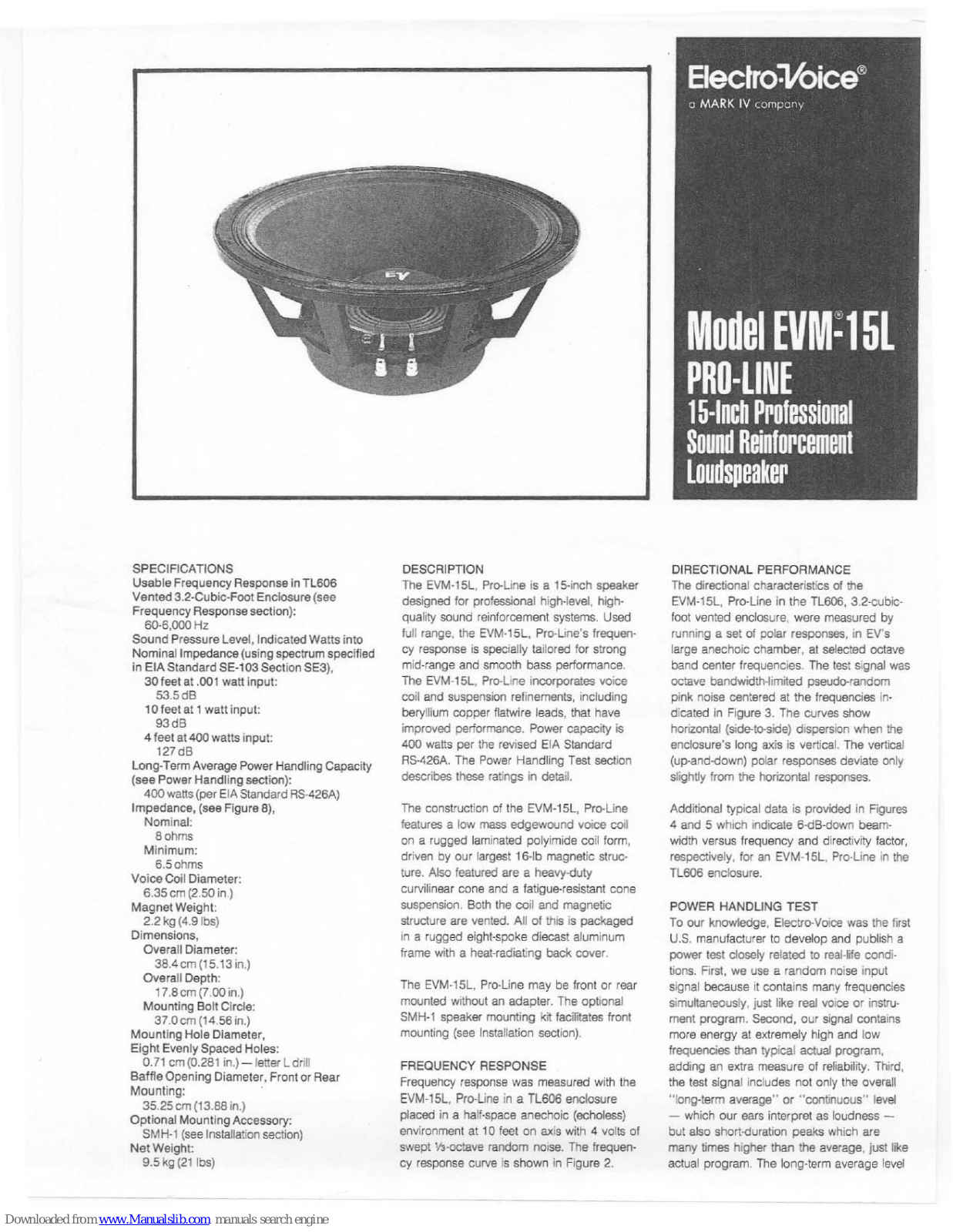 Electro-Voice PRO-LINE EVM-15L Datasheet