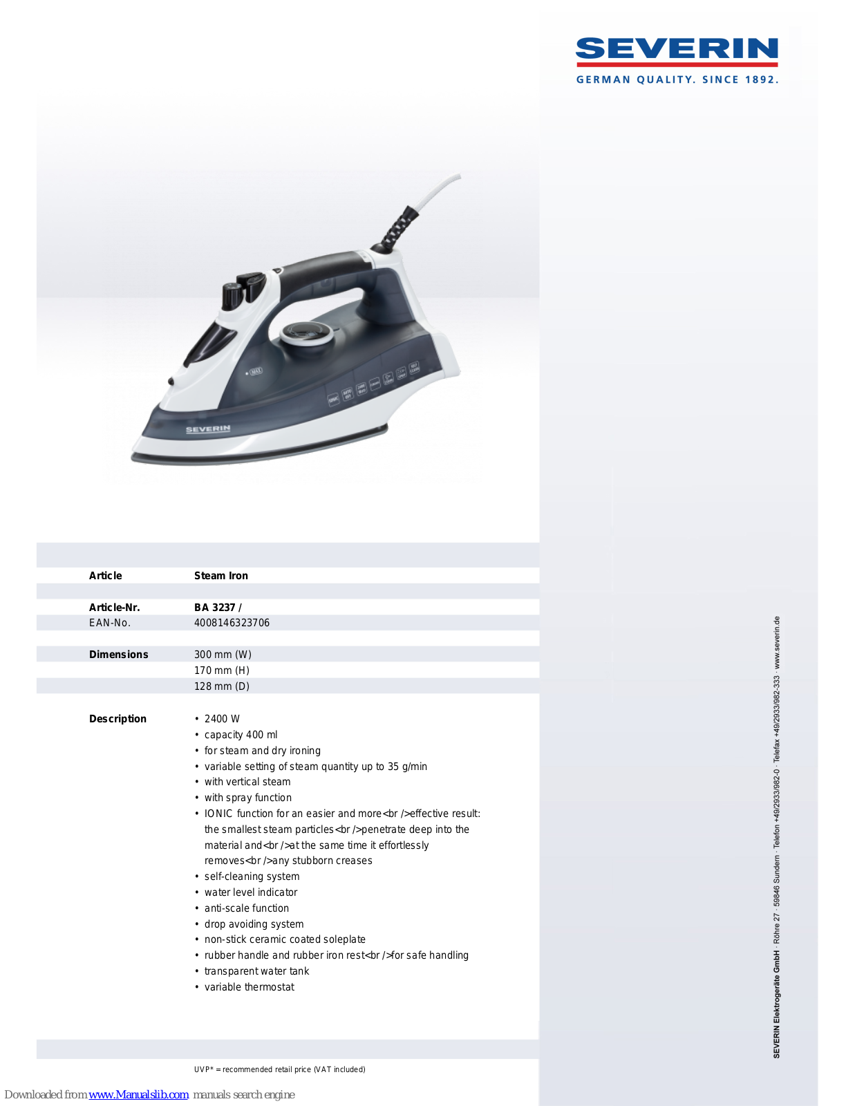 SEVERIN BA 3237, STEAM IRON - DATASHEET 2 Datasheet - ManualMachine.com