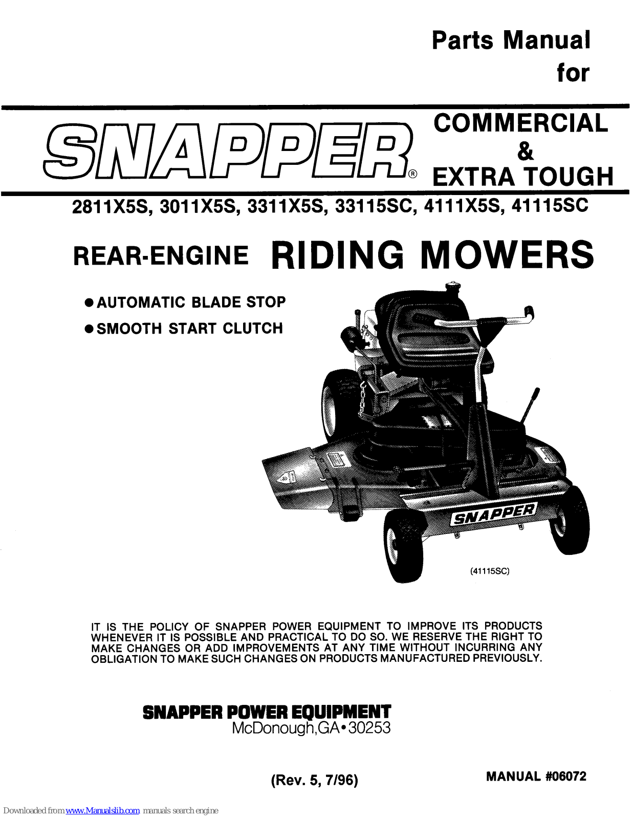 Snapper 33115SC,41115SC,2811X5S,3011X5S,3311X5S,4111X5S Parts Manual