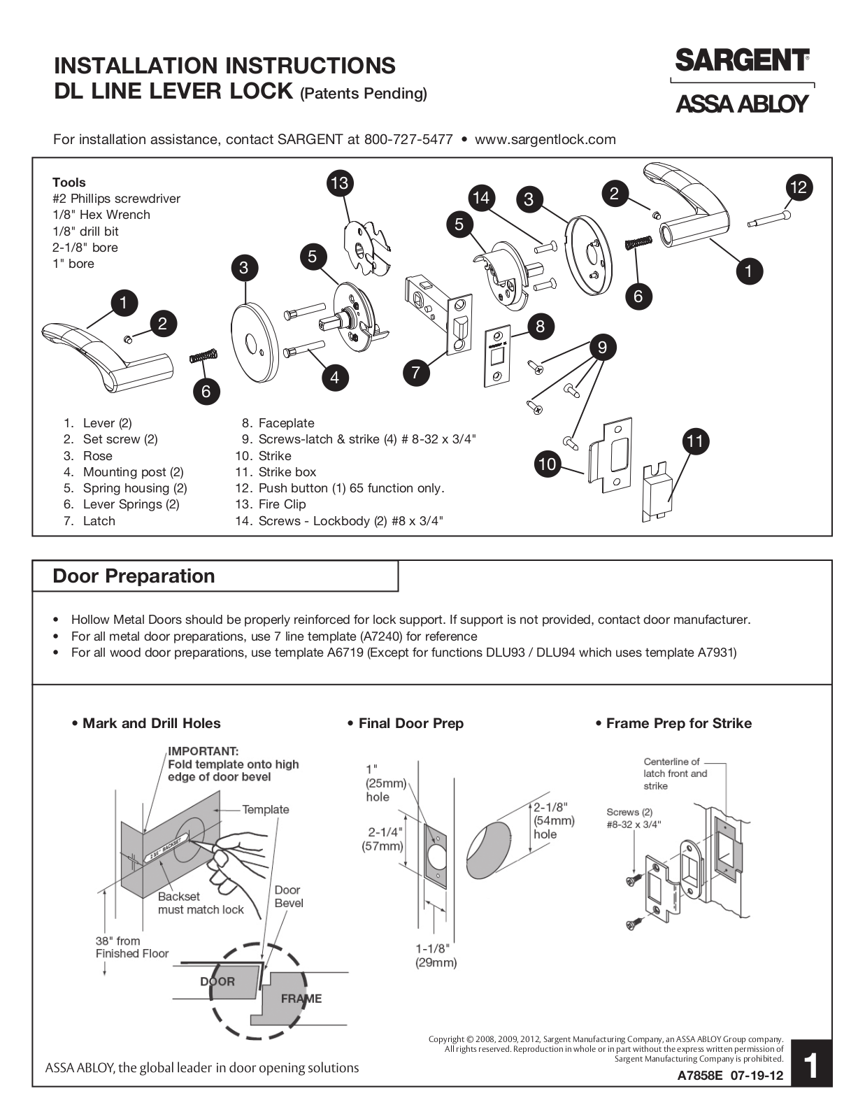 SARGENT DL Series Tubular Lock User Manual