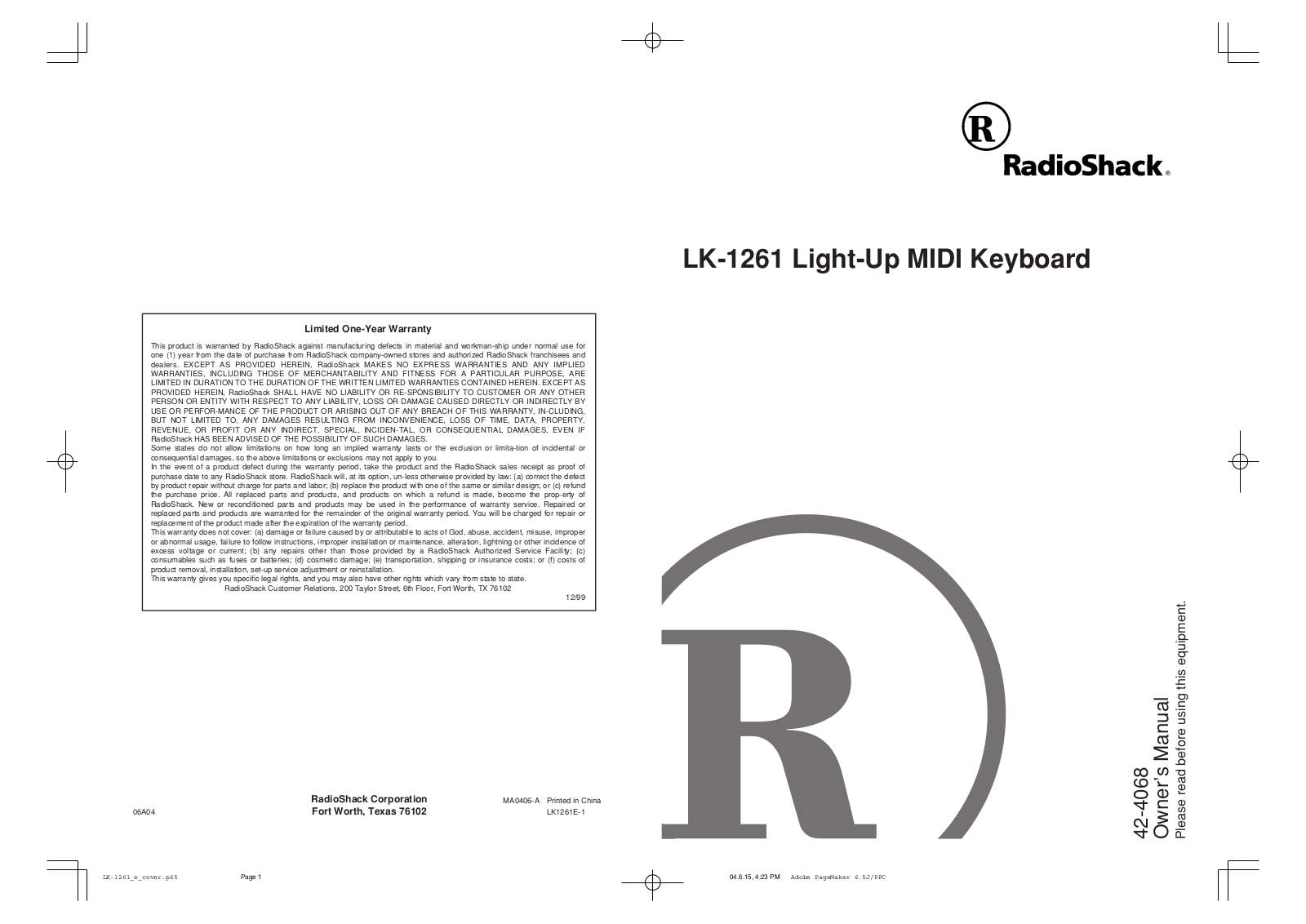 Radio Shack LK-1261 User Manual