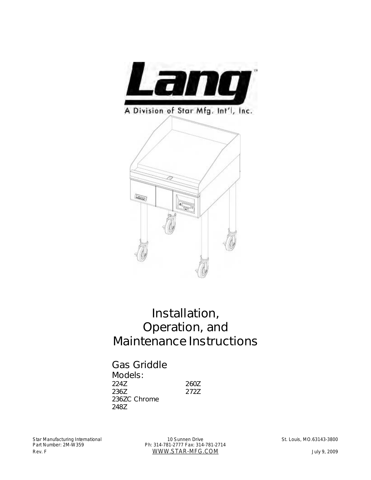 Lang Manufacturing 236ZC Crome Installation  Manual