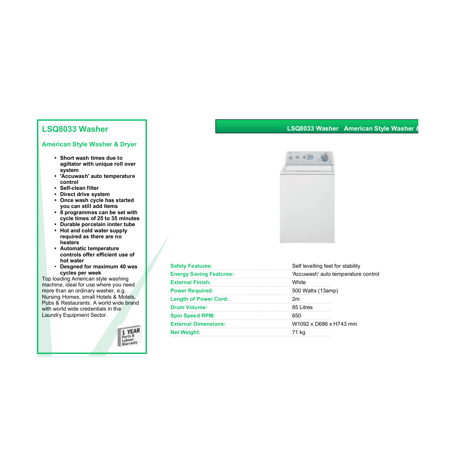 Valera LSQ8033 WASHER DATASHEET