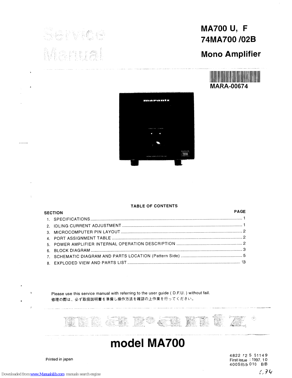 Marantz MA700 U, MA700 F, 74MA700, 74MA702B Service Manual