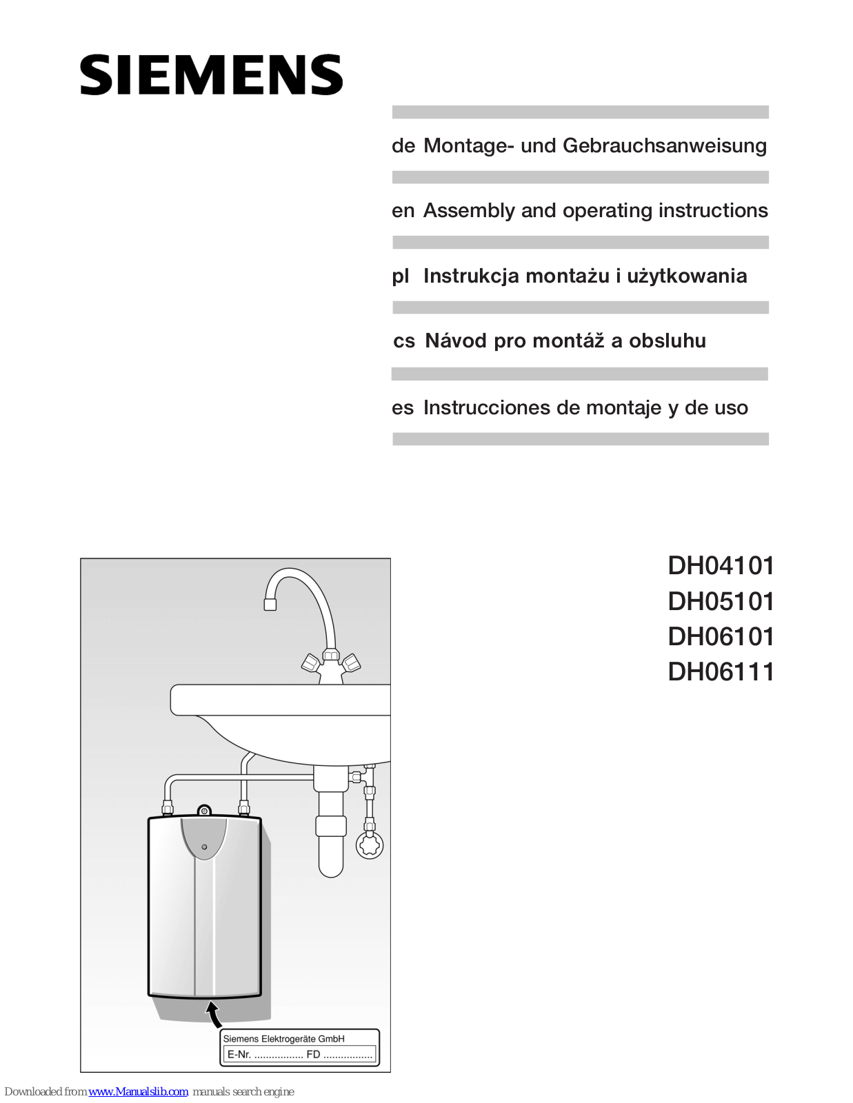 Siemens DH06111,DH06101,DH05101,DH04101 Assembly And Operating Instructions Manual